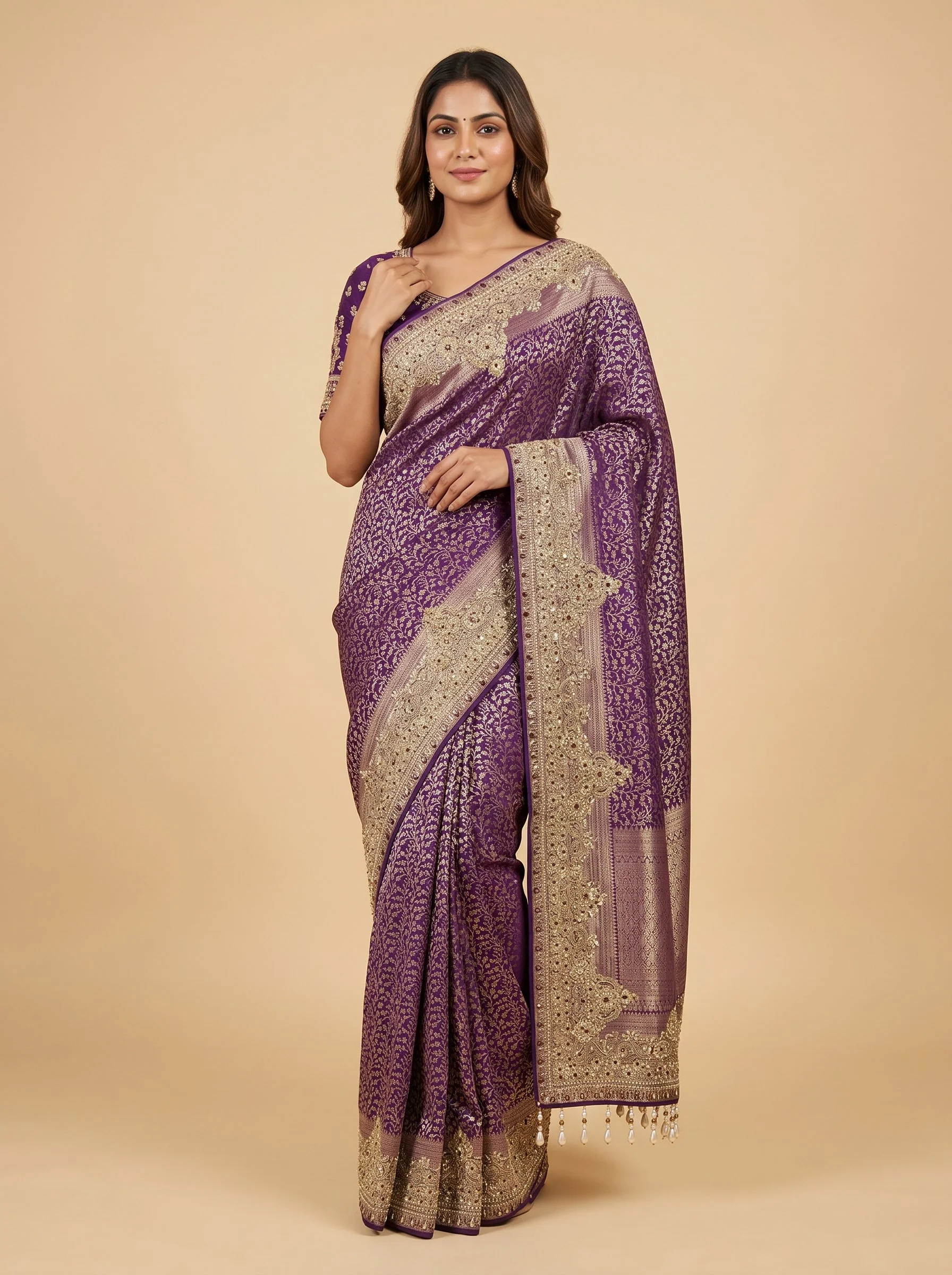 Wine Floral Embroidered Saree