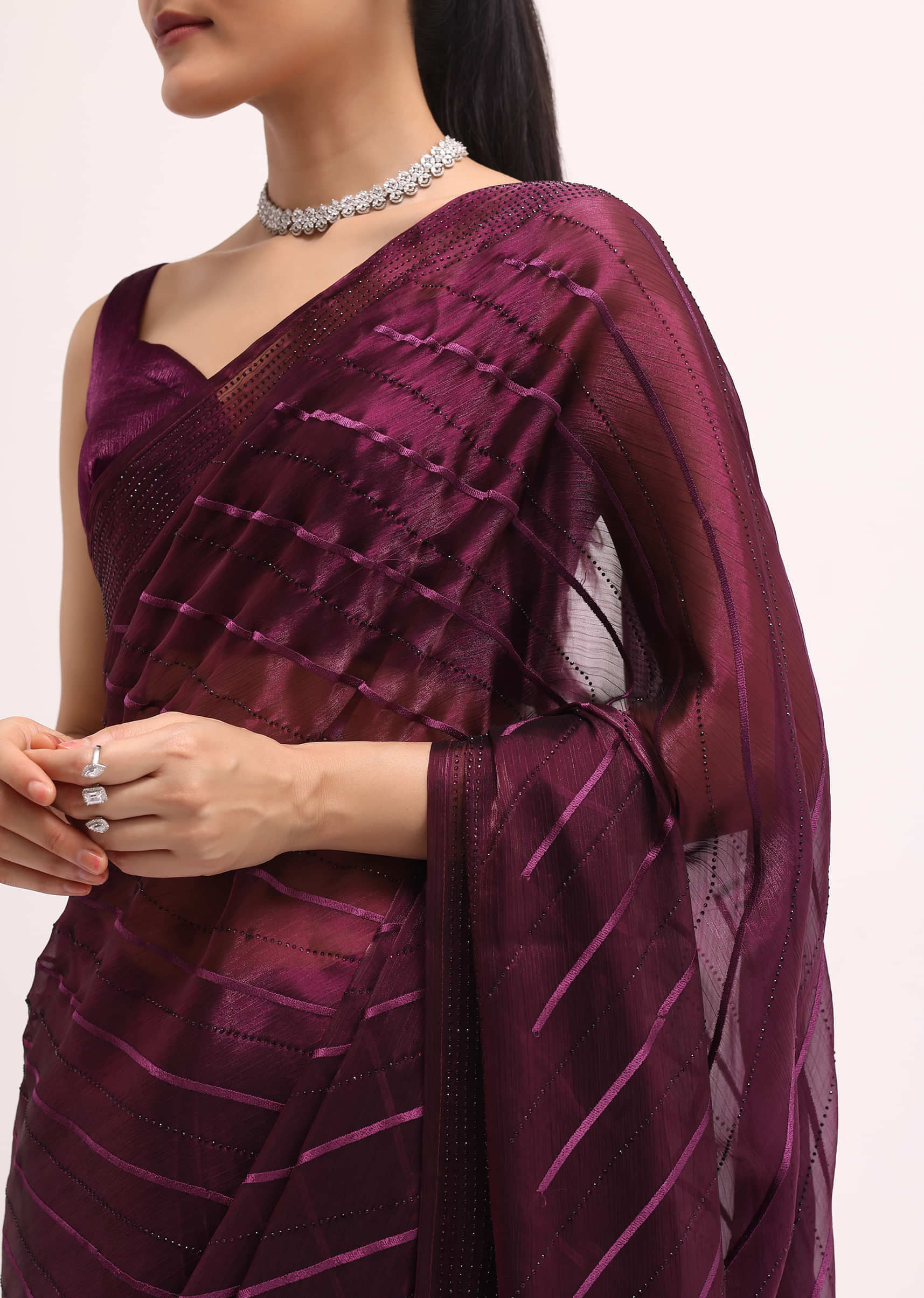 Wine Glass Tissue Saree In Swarovski With Unstitched Blouse - Image 3