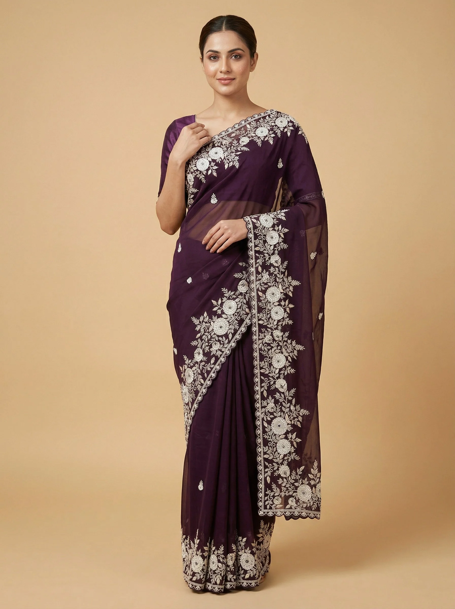 Wine Gloss-Finish Embroidered Saree