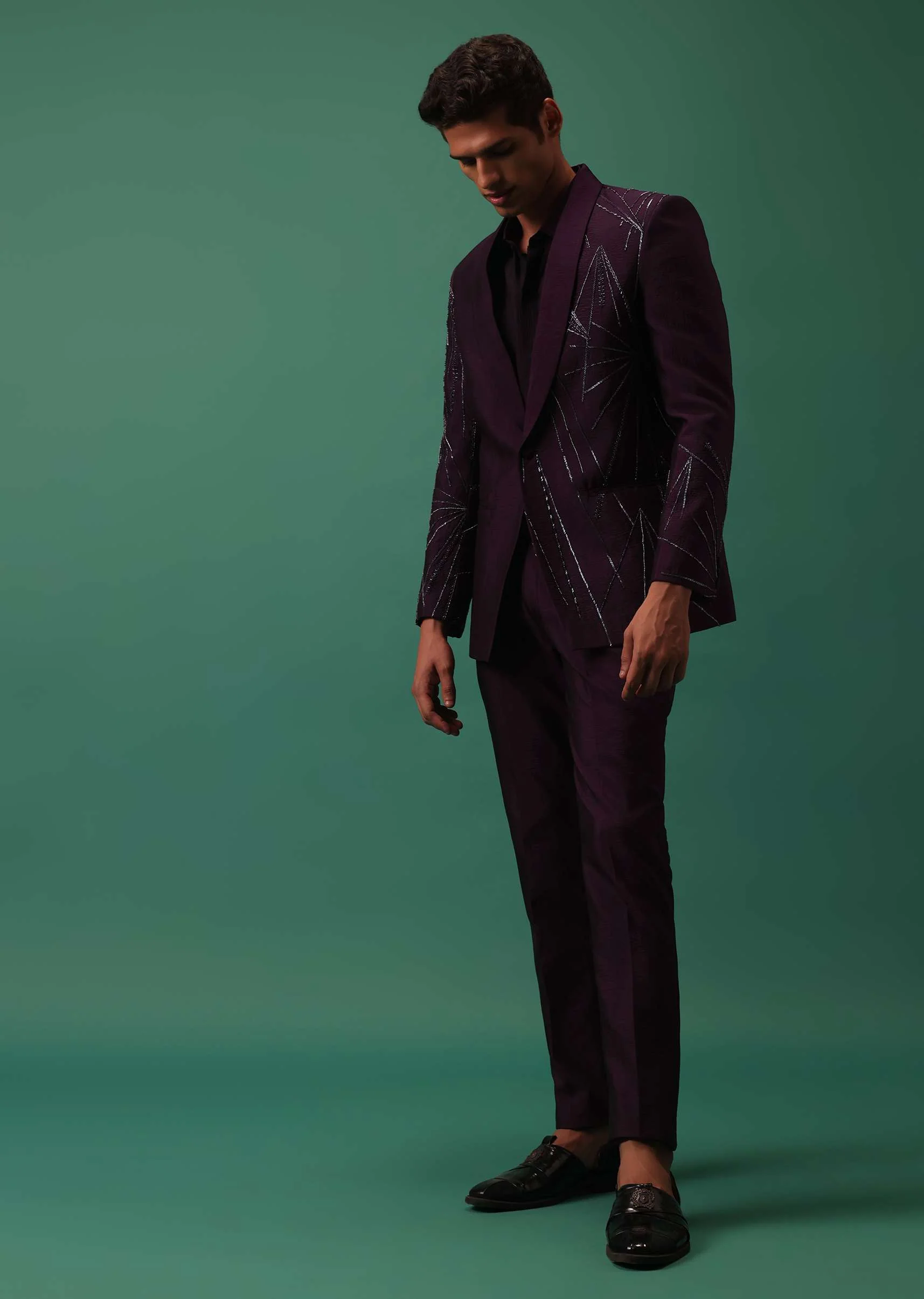 Wine Hand Embroidered Tuxedo Set With Fusing Pants - Image 2