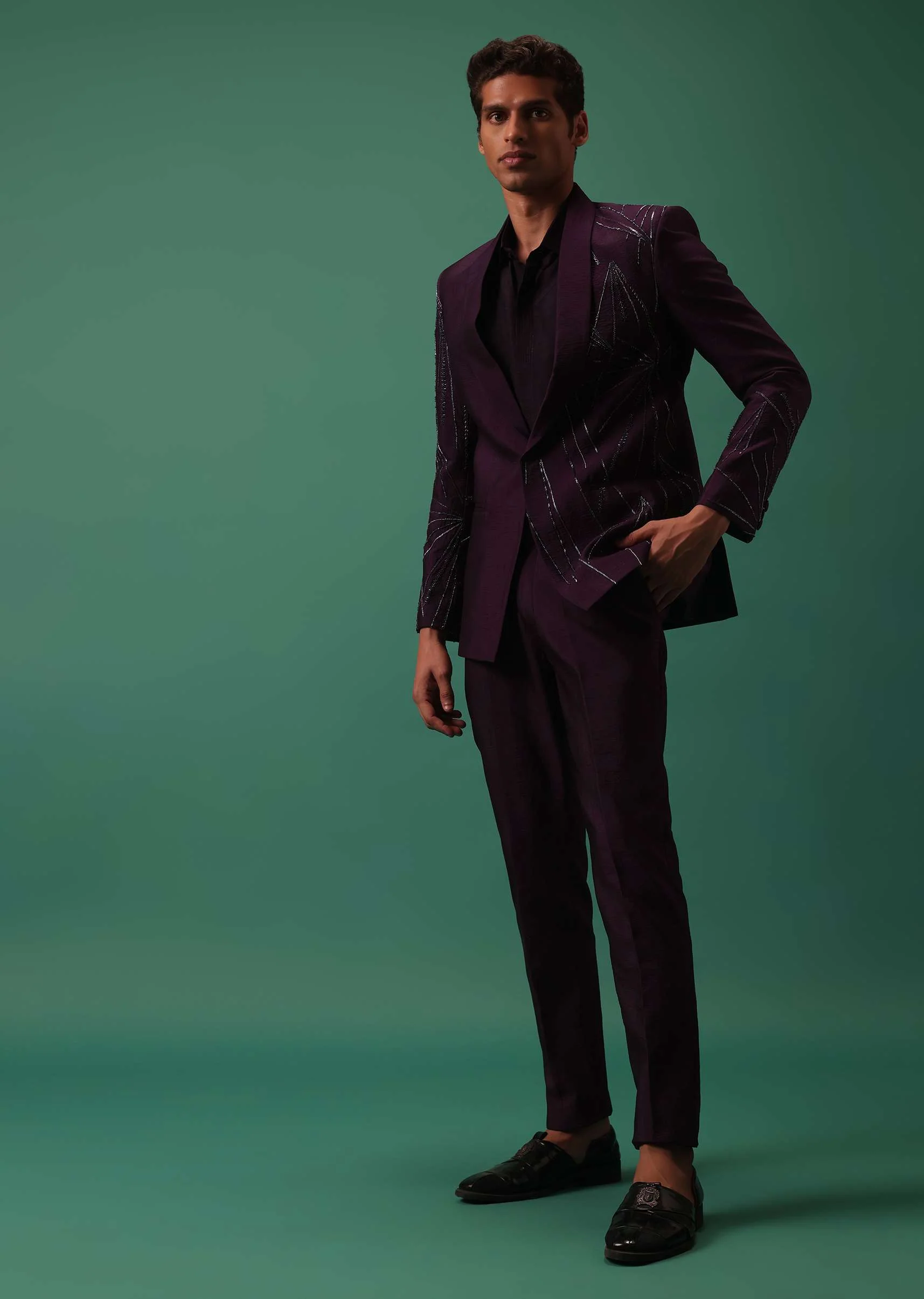 Wine Hand Embroidered Tuxedo Set With Fusing Pants - Image 4
