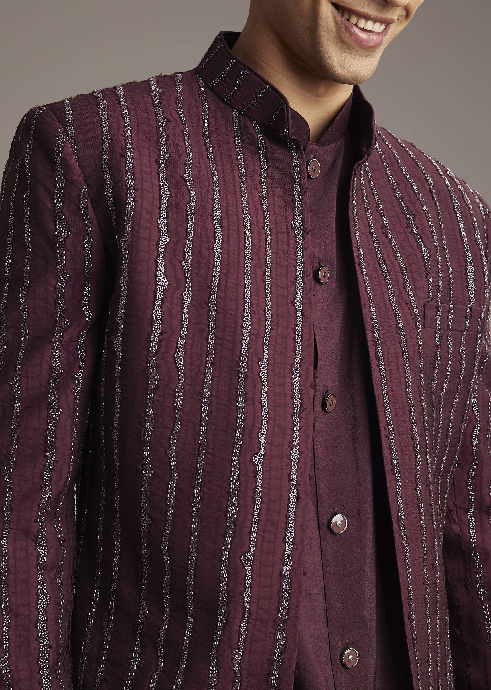 Wine Indo Western Set For Men With Cutdana Embroidery - Image 2