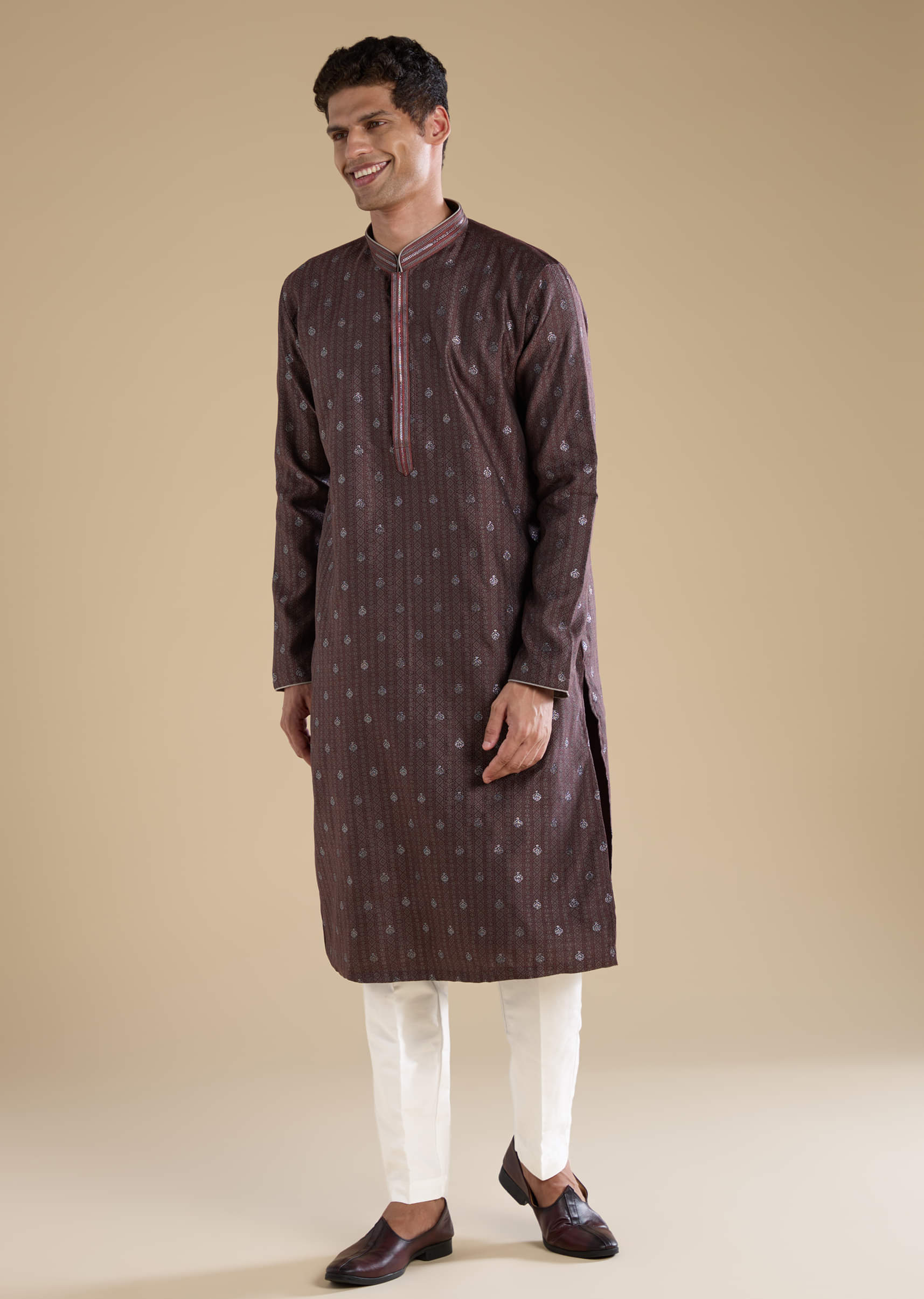Wine Jacquard Self Work Mens Kurta and Pant Set - Image 2