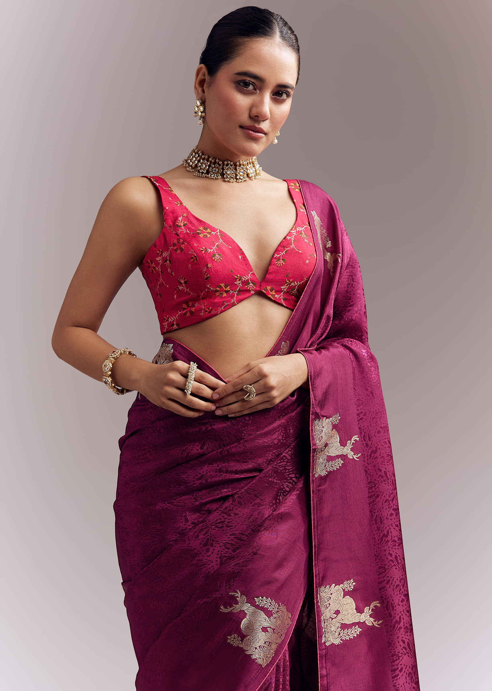 Wine Jacquard Silk Woven Saree With Brocade Work And Embroidery - Image 5