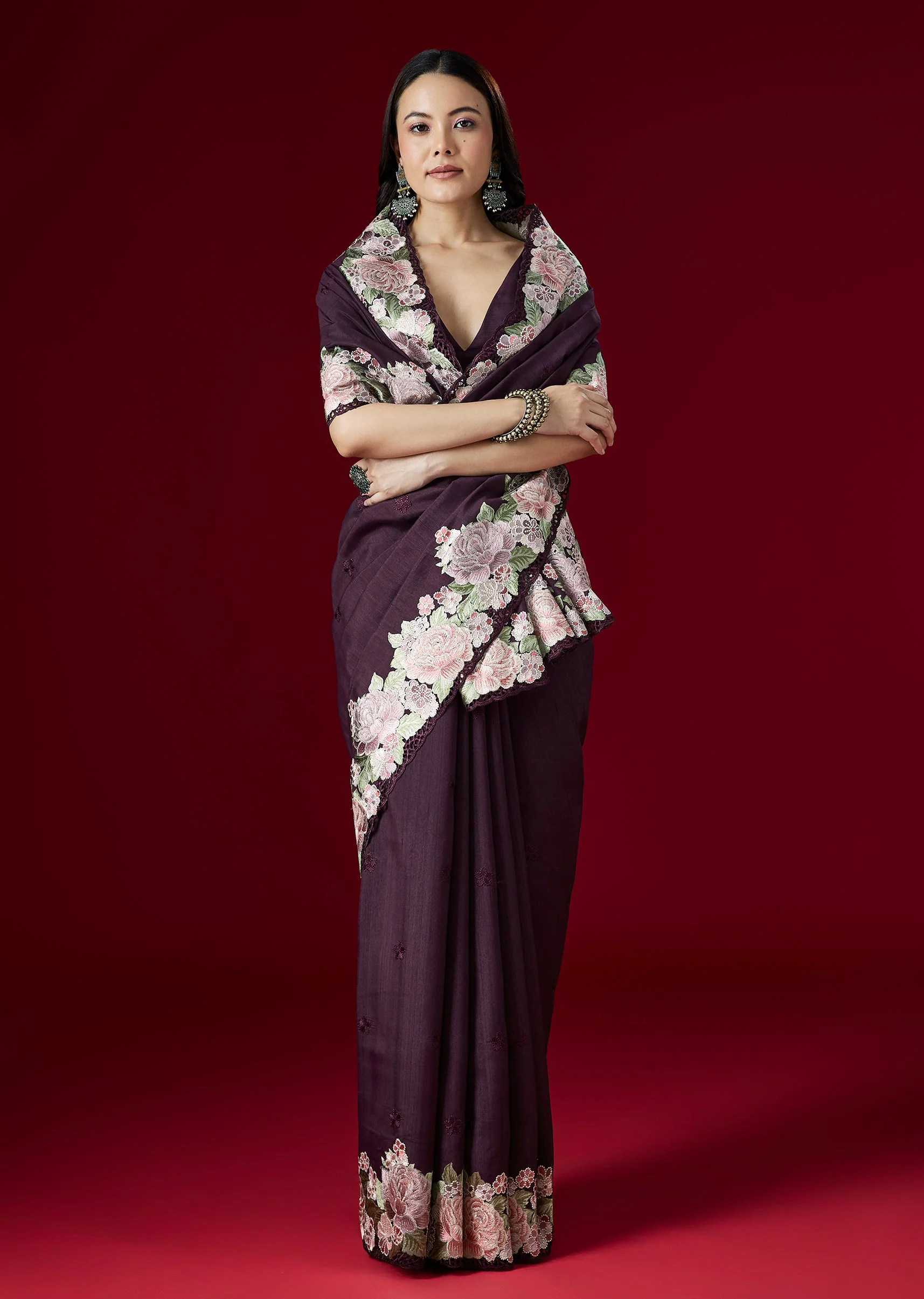 Wine Kora Silk Saree With Floral Thread Embroidered Border