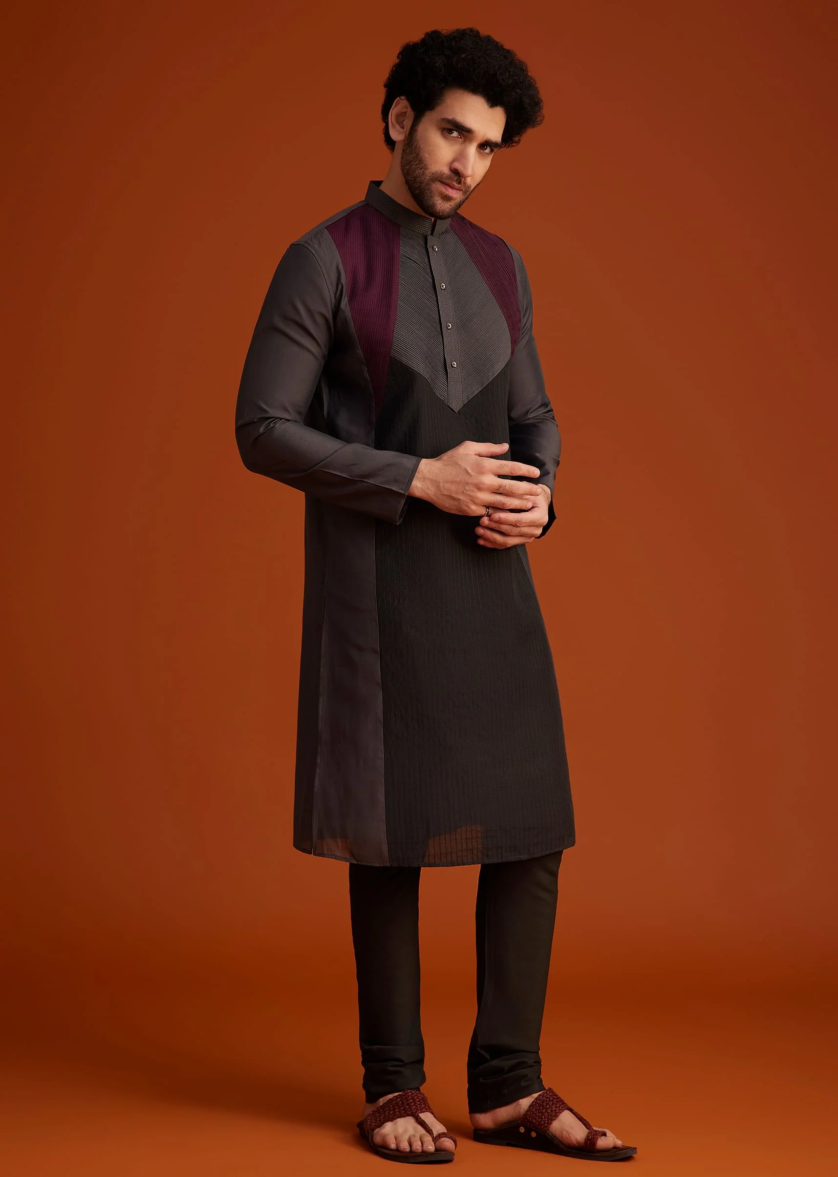 Wine Kurta Pajama Set With Contrast Panel Design - Image 2