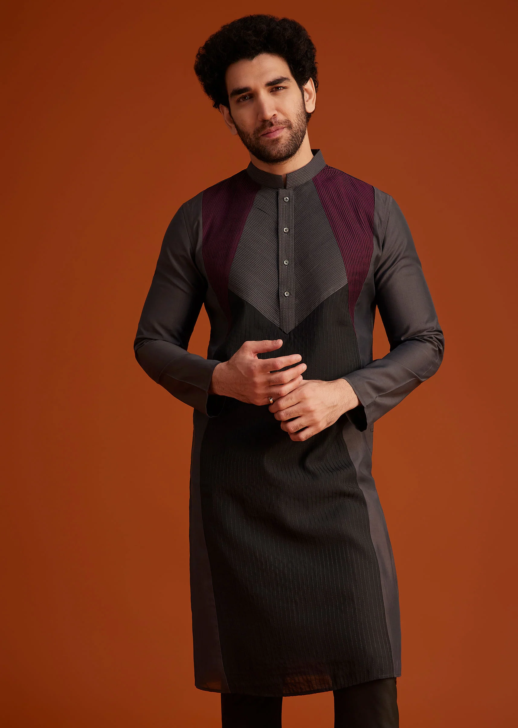 Wine Kurta Pajama Set With Contrast Panel Design - Image 3