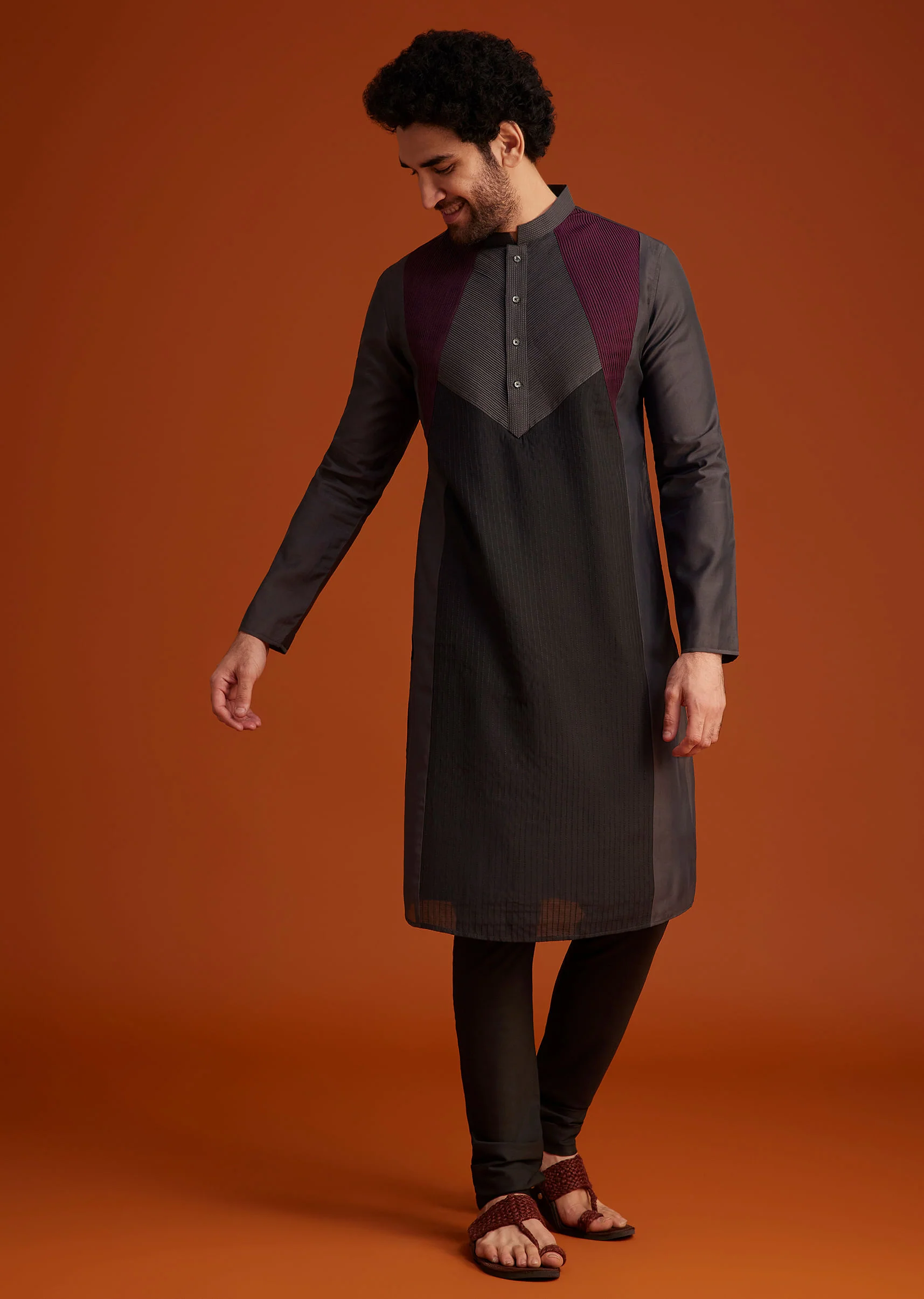 Wine Kurta Pajama Set With Contrast Panel Design - Image 4