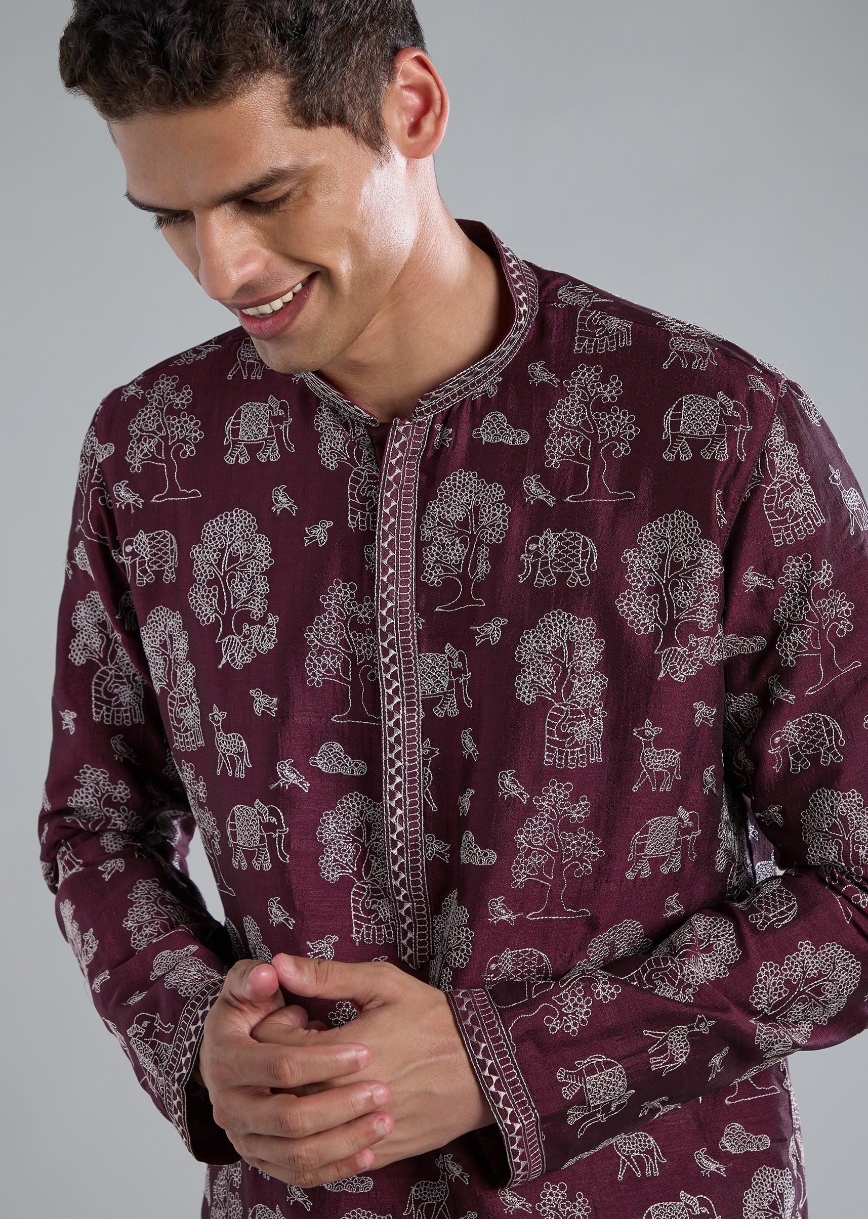 Wine Kurta Set With Thread And Resham Detailing - Image 2