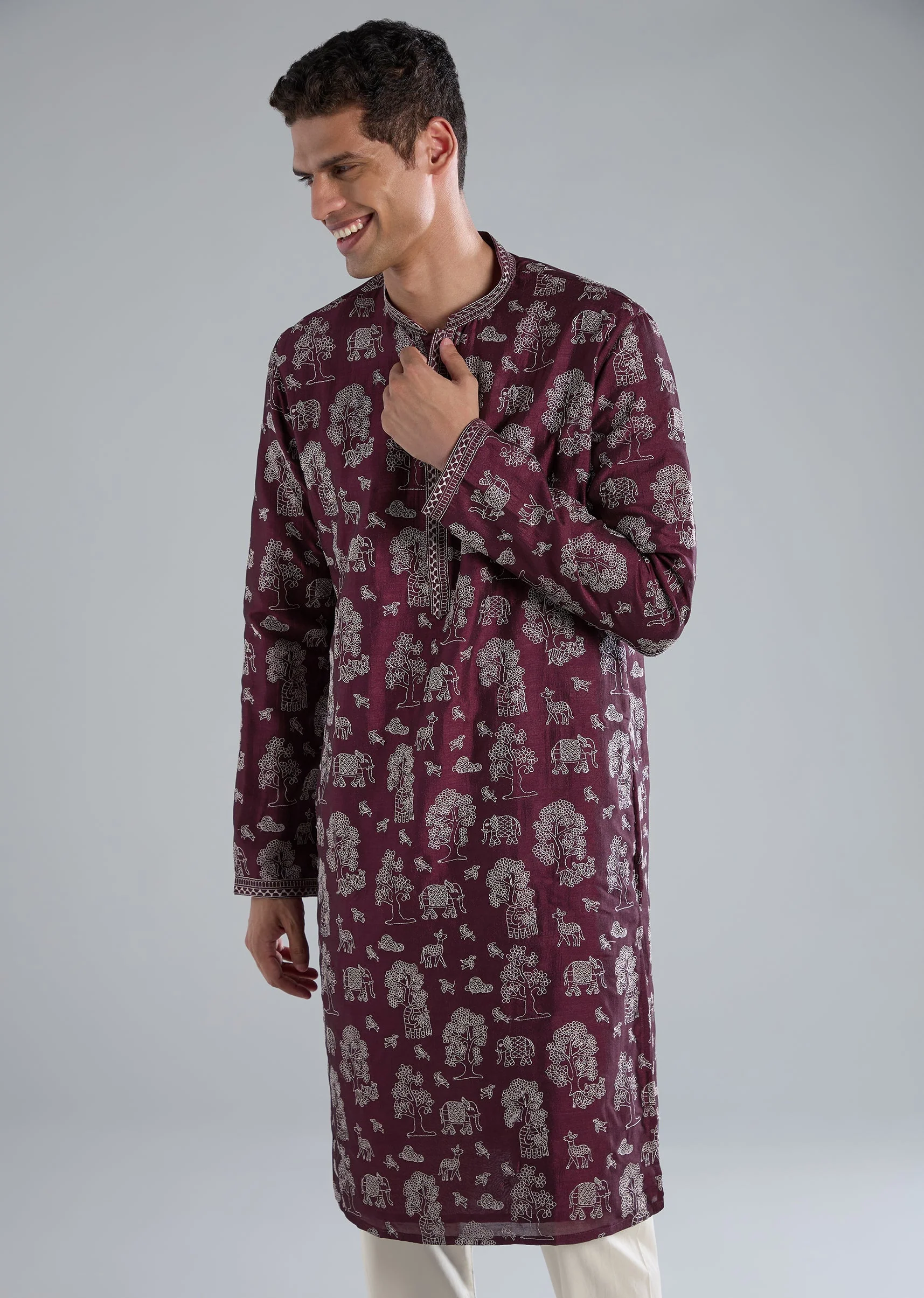 Wine Kurta Set With Thread And Resham Detailing - Image 4