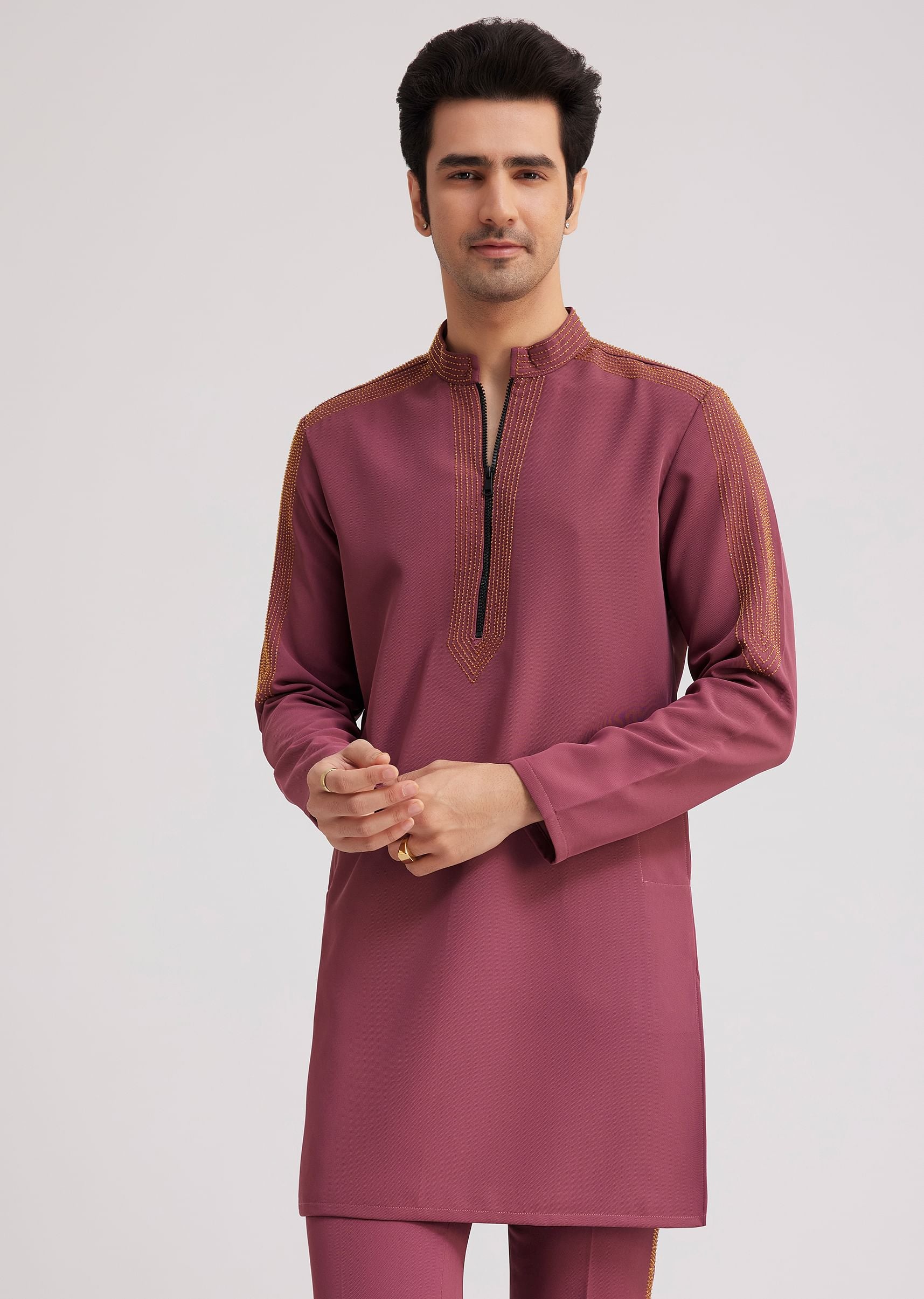 Wine Lycra Kurta Set With Glass Bead Embellishments - Image 3