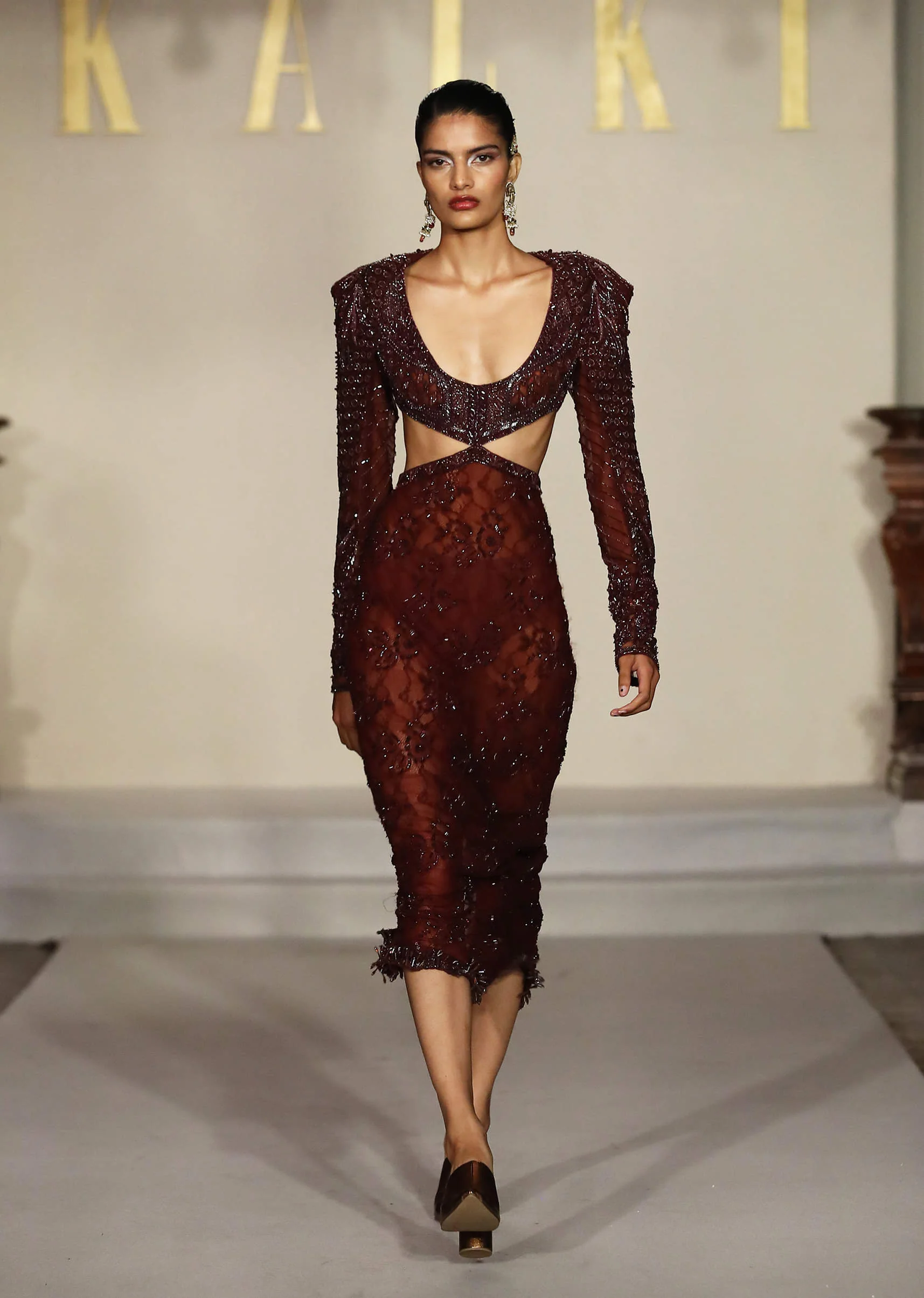 Wine Net Bridal Gown With Hand Embroidery