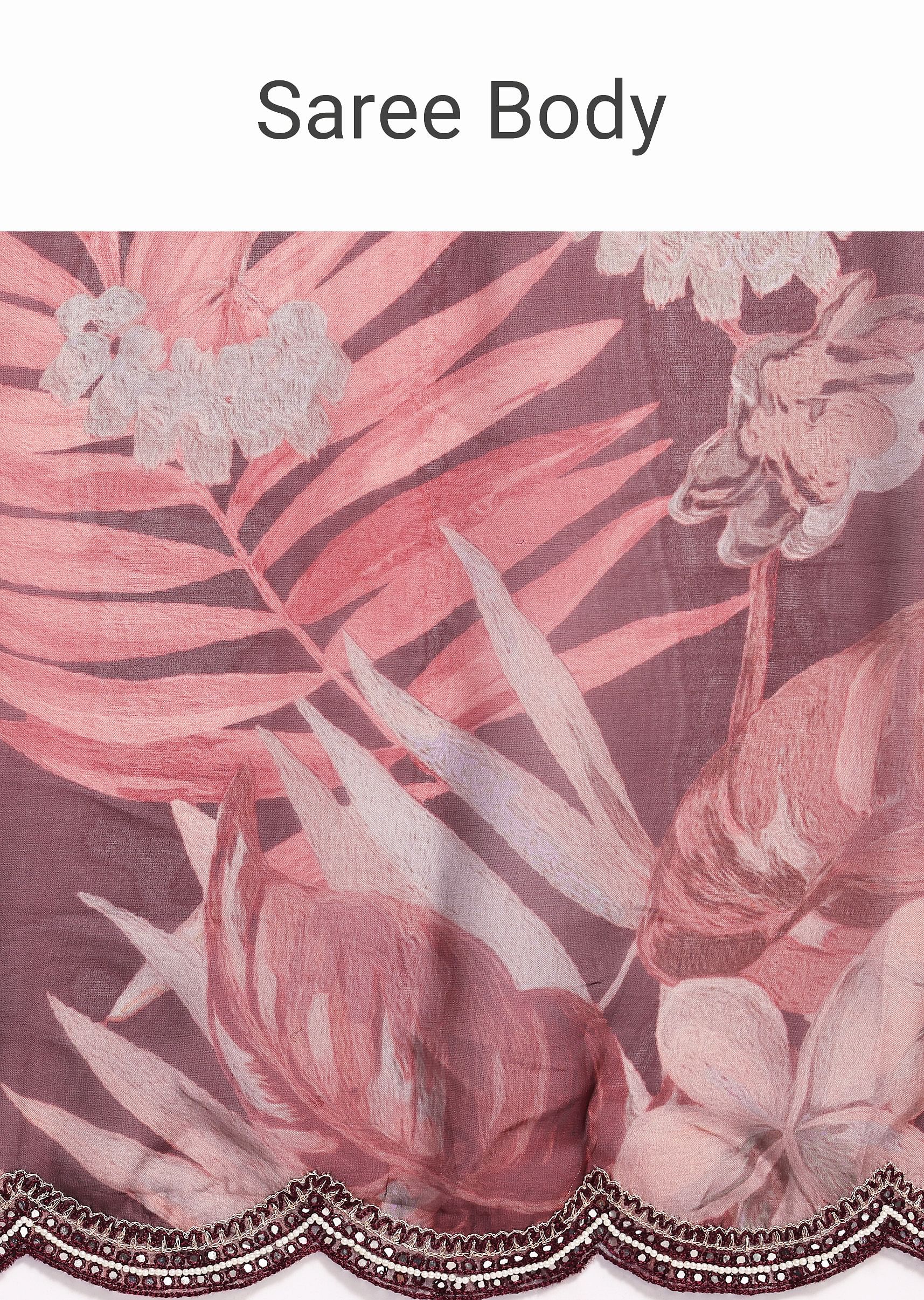 Wine Organza Leaf Printed Saree With Unstitched Blouse - Image 9