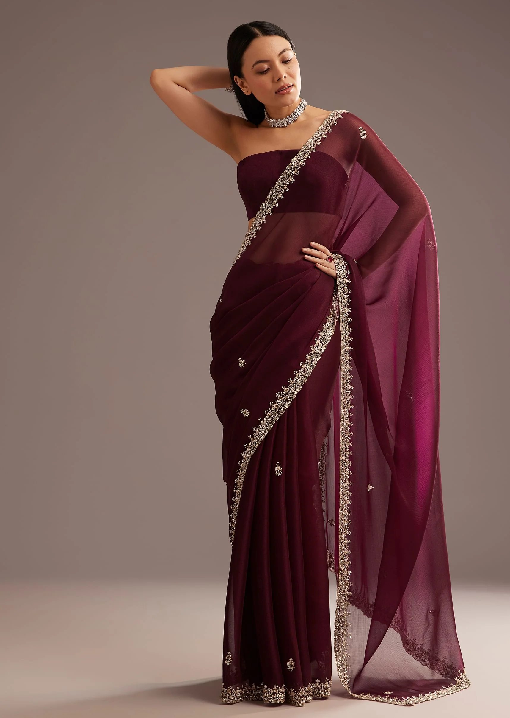 Wine Organza Saree With Cutdana And Sequins Border - Image 3