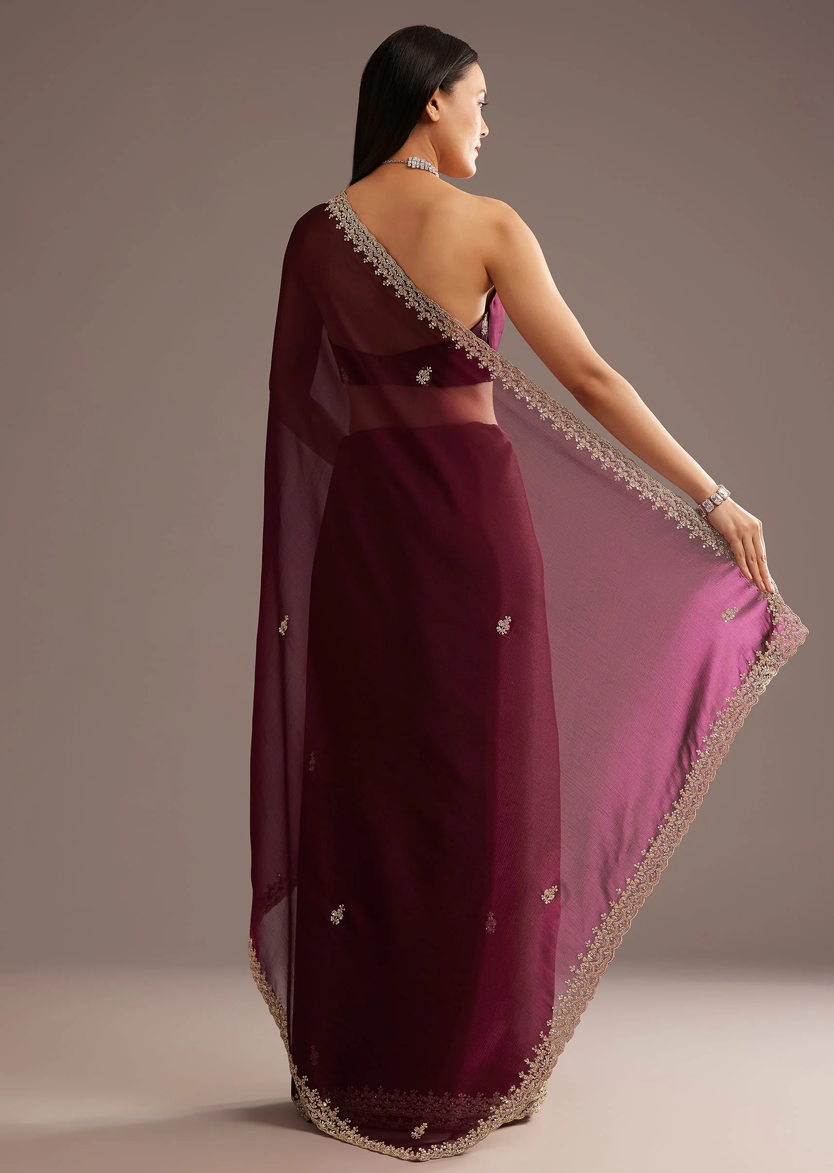 Wine Organza Saree With Cutdana And Sequins Border - Image 4