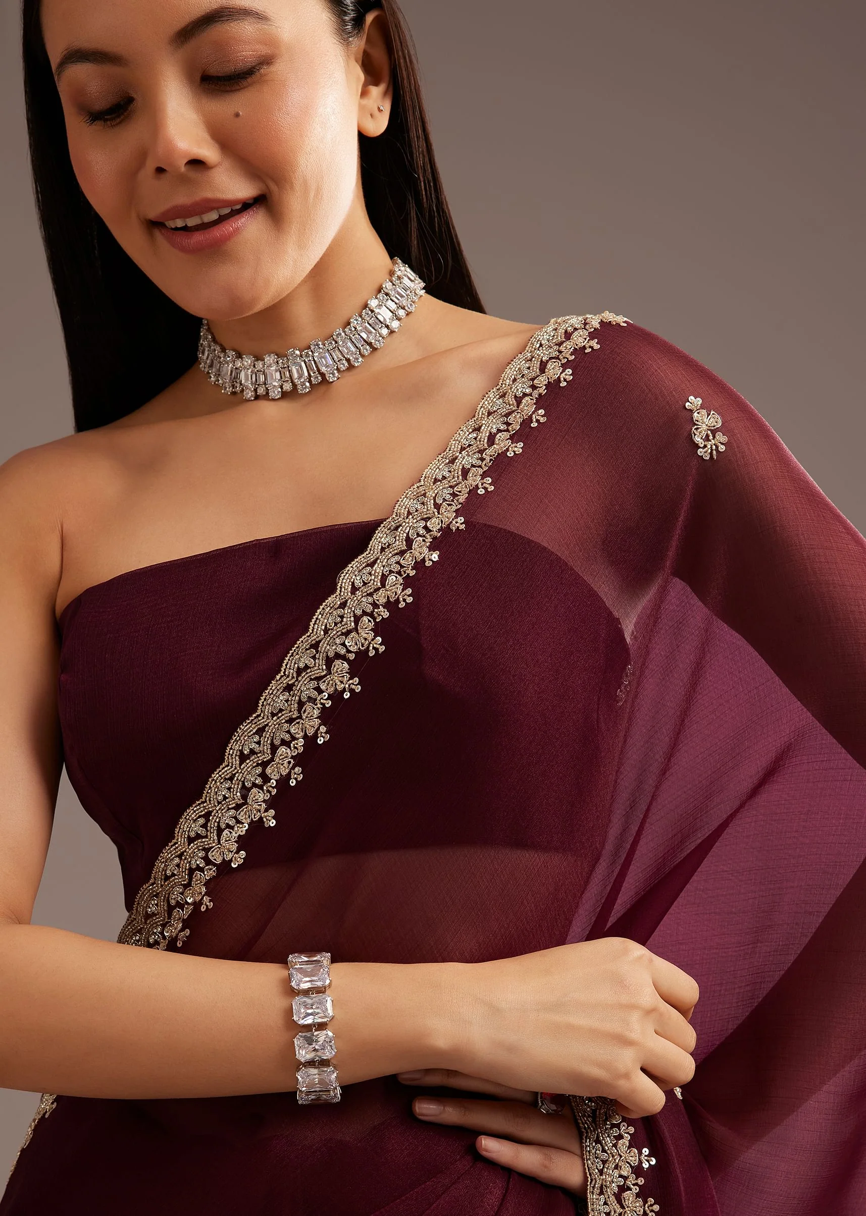 Wine Organza Saree With Cutdana And Sequins Border - Image 5