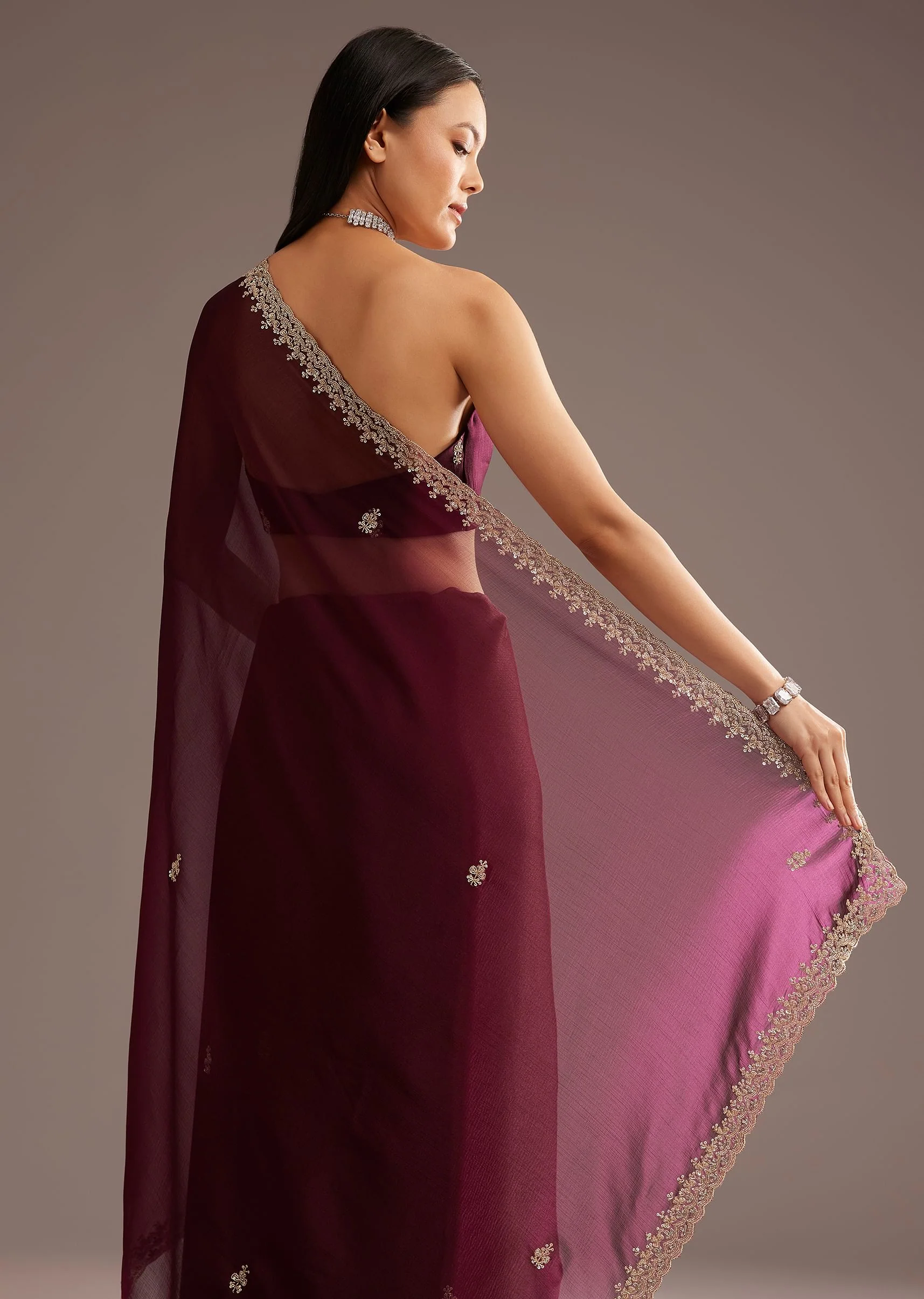 Wine Organza Saree With Cutdana And Sequins Border - Image 6