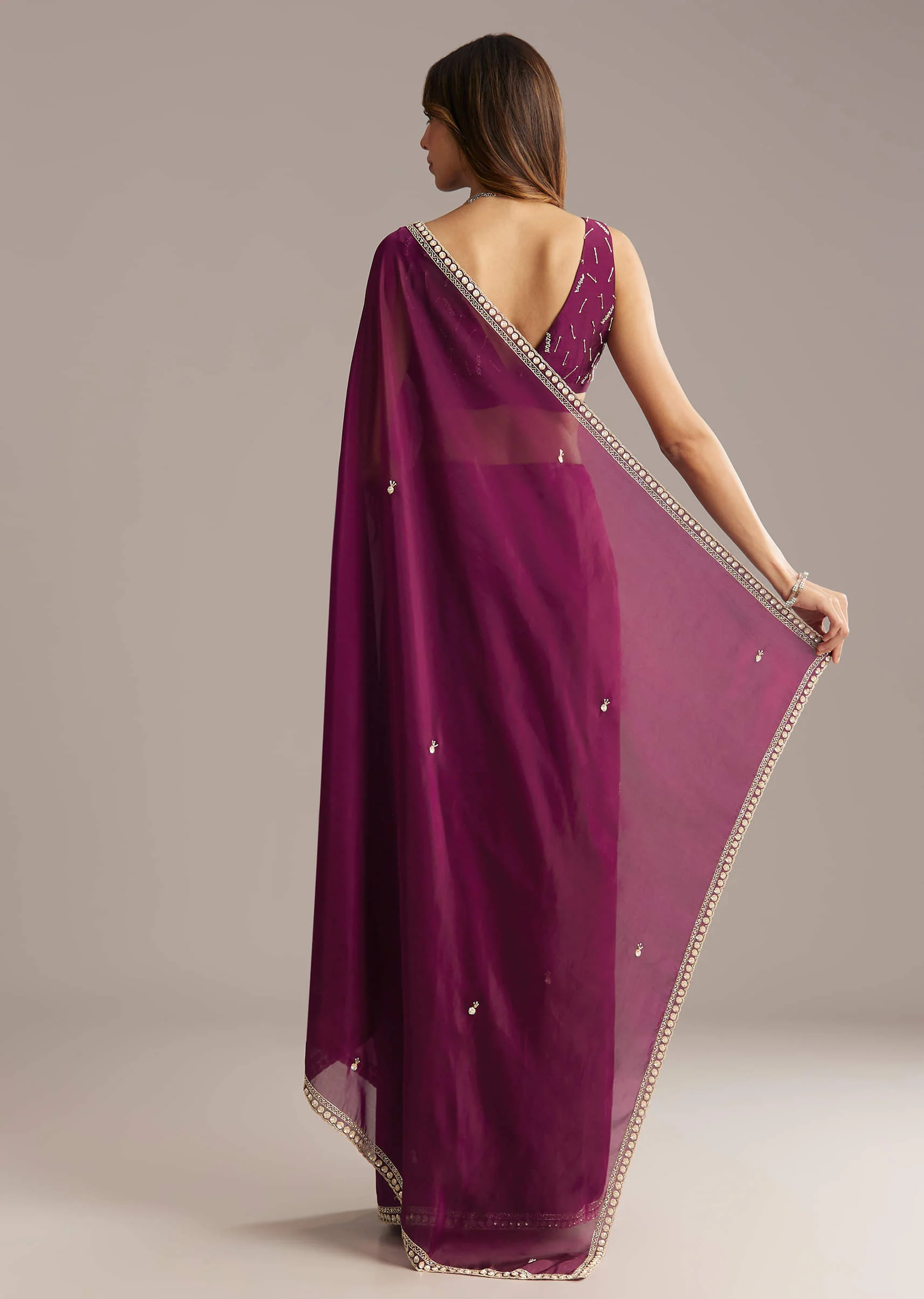 Wine Organza Saree With Stone And Sequin Embroidery - Image 2