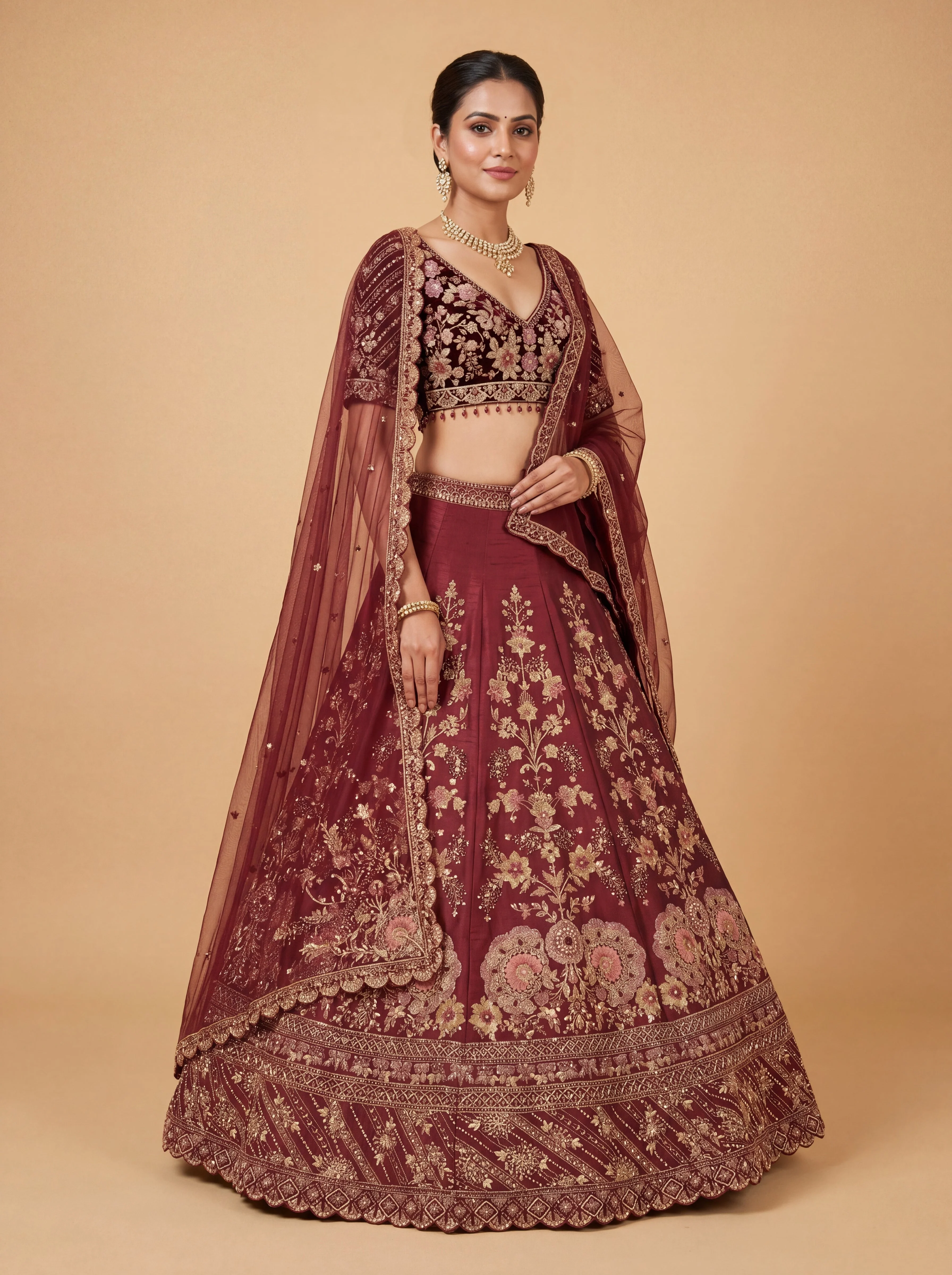 Wine Pheras Bridal Lehenga With Rich Embroidery Classic Volume