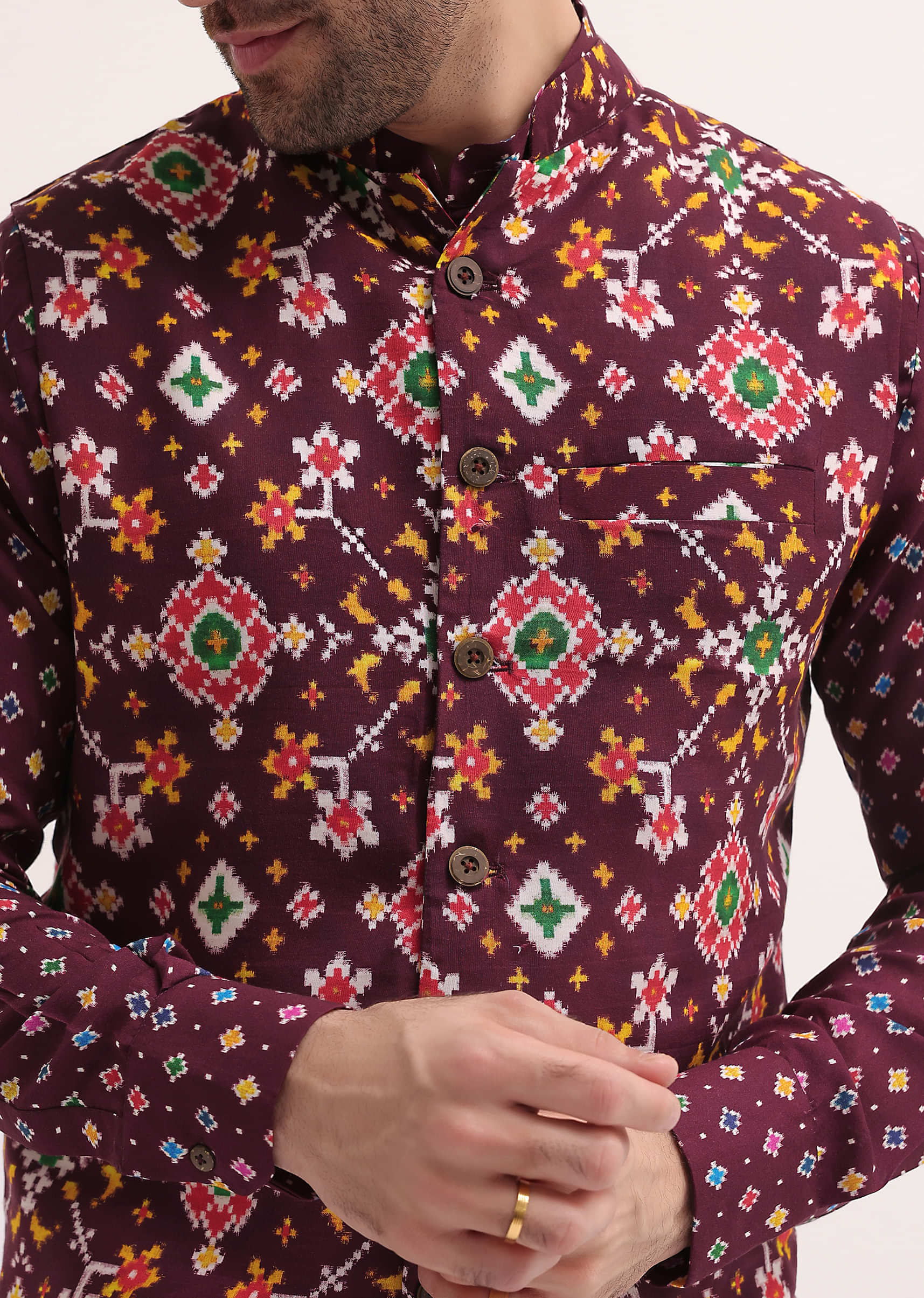 Wine Patola Printed Kurta Jacket Set For Men - Image 3