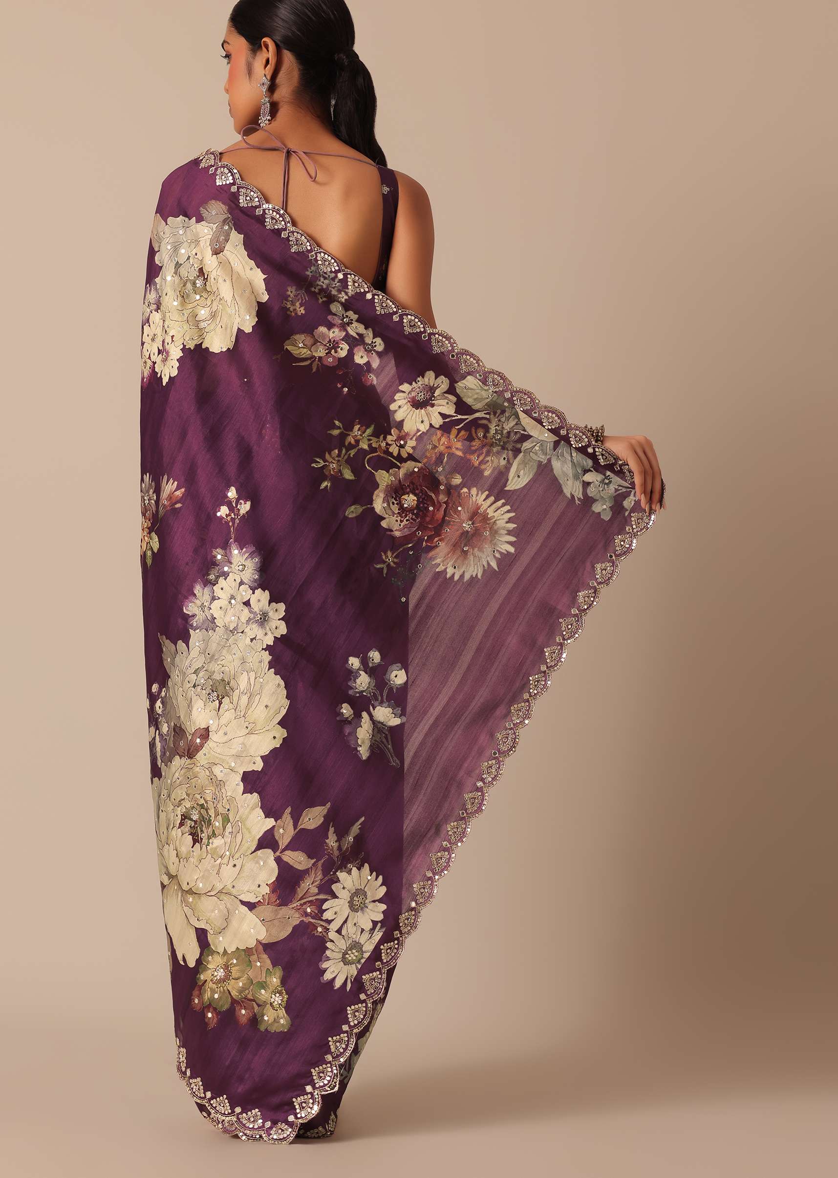 Wine Printed Tussar Silk Saree With Unstitched Blouse Piece - Image 4