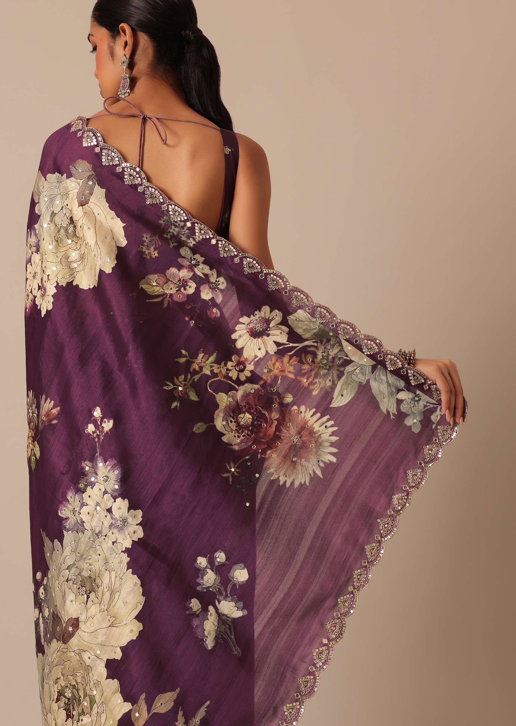 Wine Printed Tussar Silk Saree With Unstitched Blouse Piece - Image 6