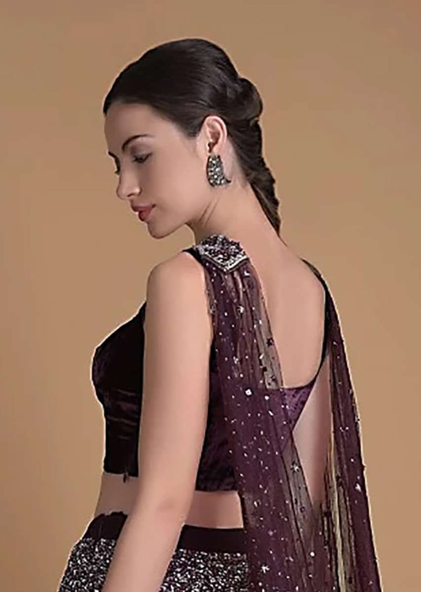 Wine Purple Blouse In Velvet With Plunging V Neckline, Cut Out Detail And Cut Dana Work - Image 2