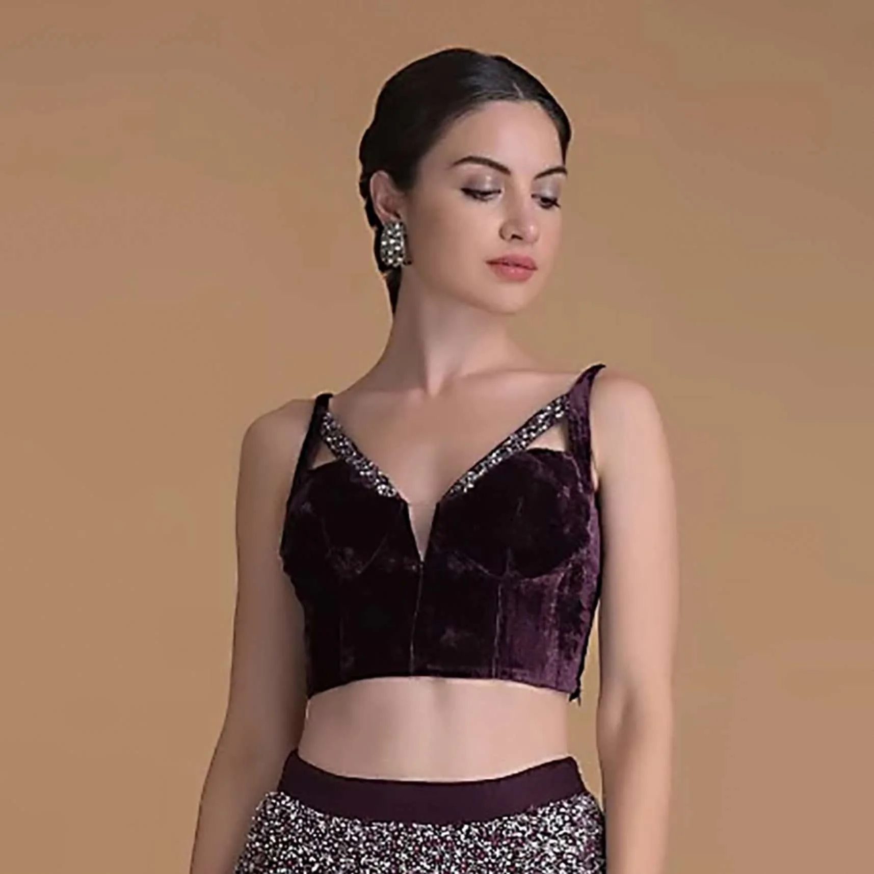 Wine Purple Blouse In Velvet With Plunging V Neckline, Cut Out Detail And Cut Dana Work - Image 4