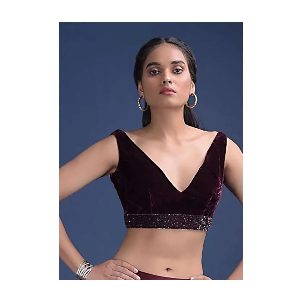 Wine Purple Blouse In Velvet With V Neckline And Waist Accented With Cut Dana And Sequins Work - Image 2