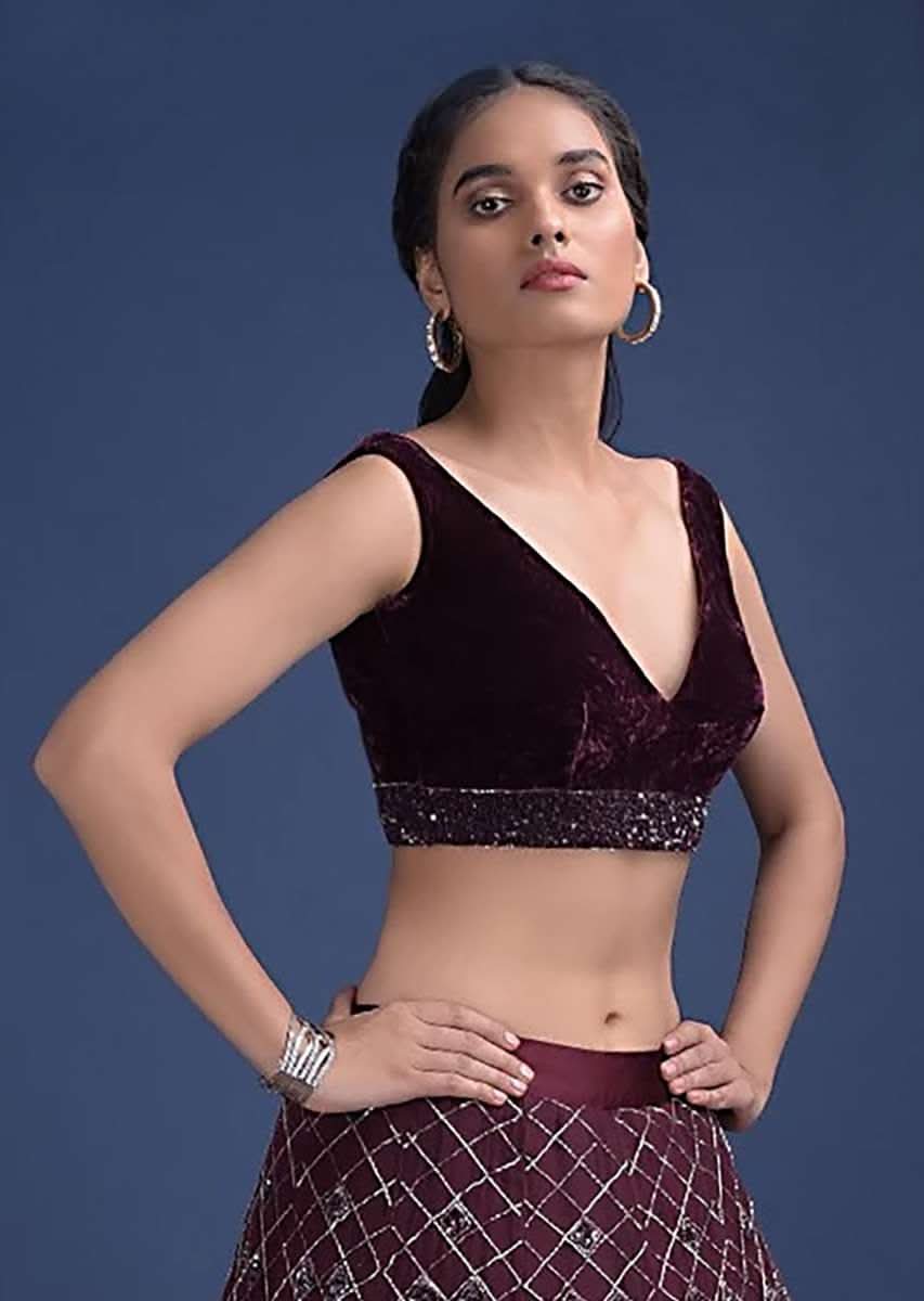 Wine Purple Blouse In Velvet With V Neckline And Waist Accented With Cut Dana And Sequins Work - Image 3