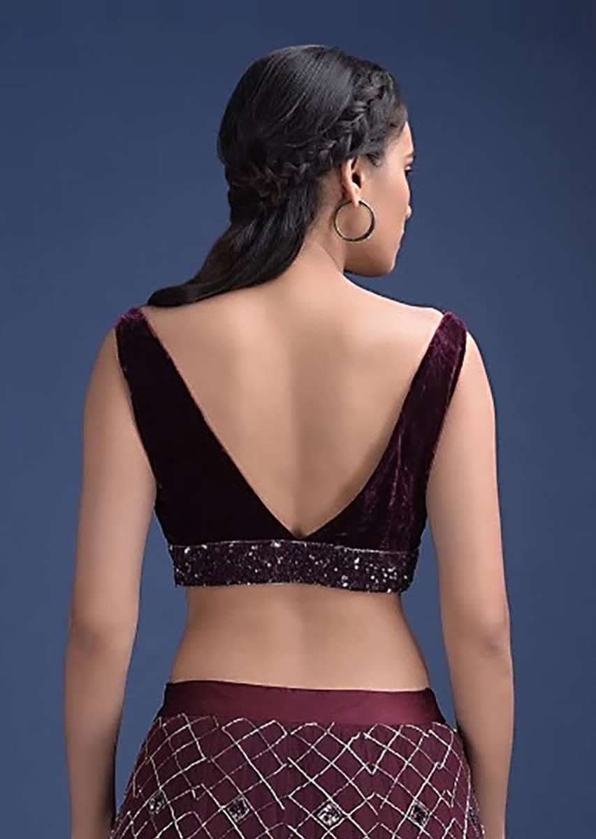 Wine Purple Blouse In Velvet With V Neckline And Waist Accented With Cut Dana And Sequins Work - Image 4