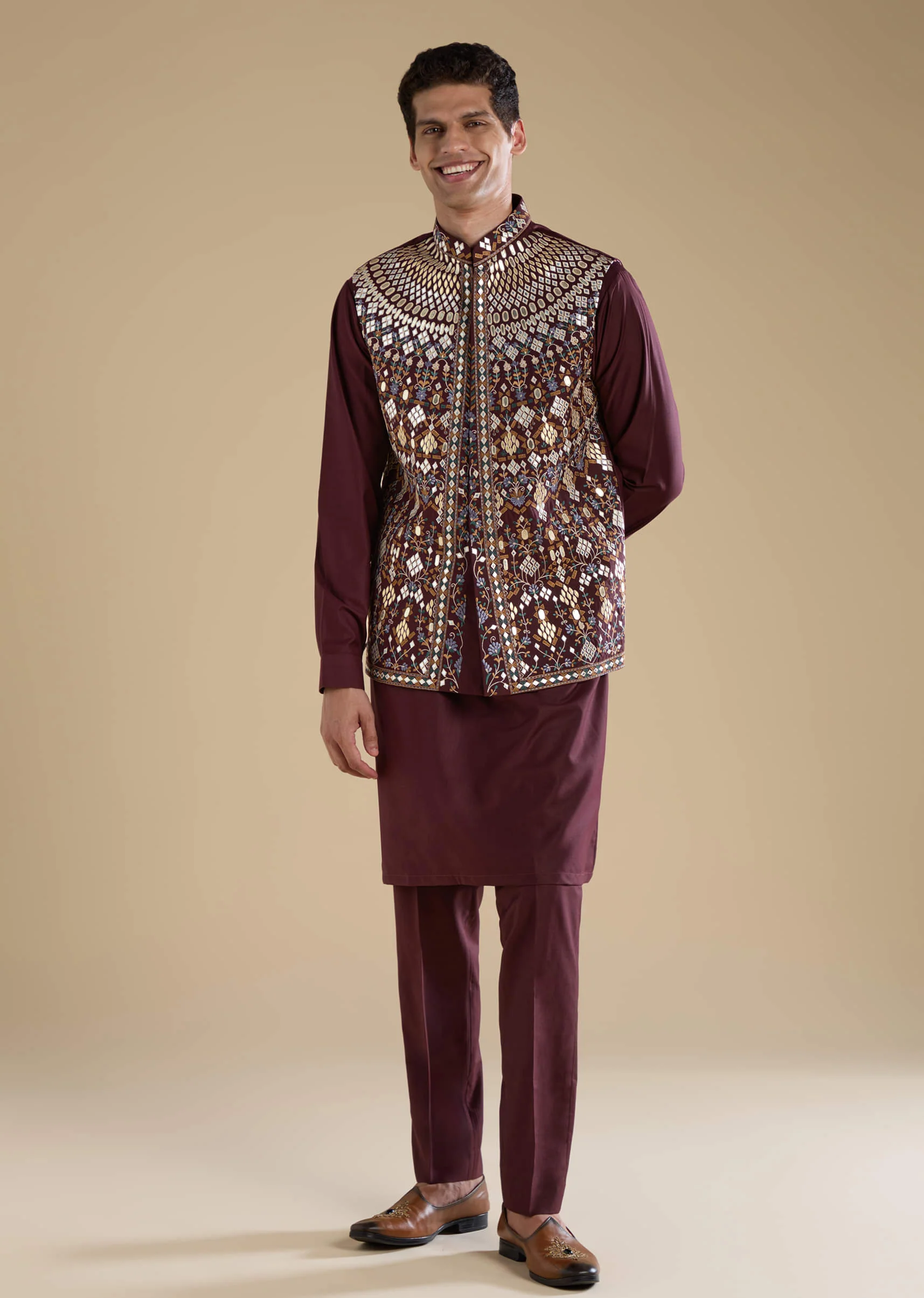 Wine Rayon Jacket Kurta Set with Gotta Work - Image 3