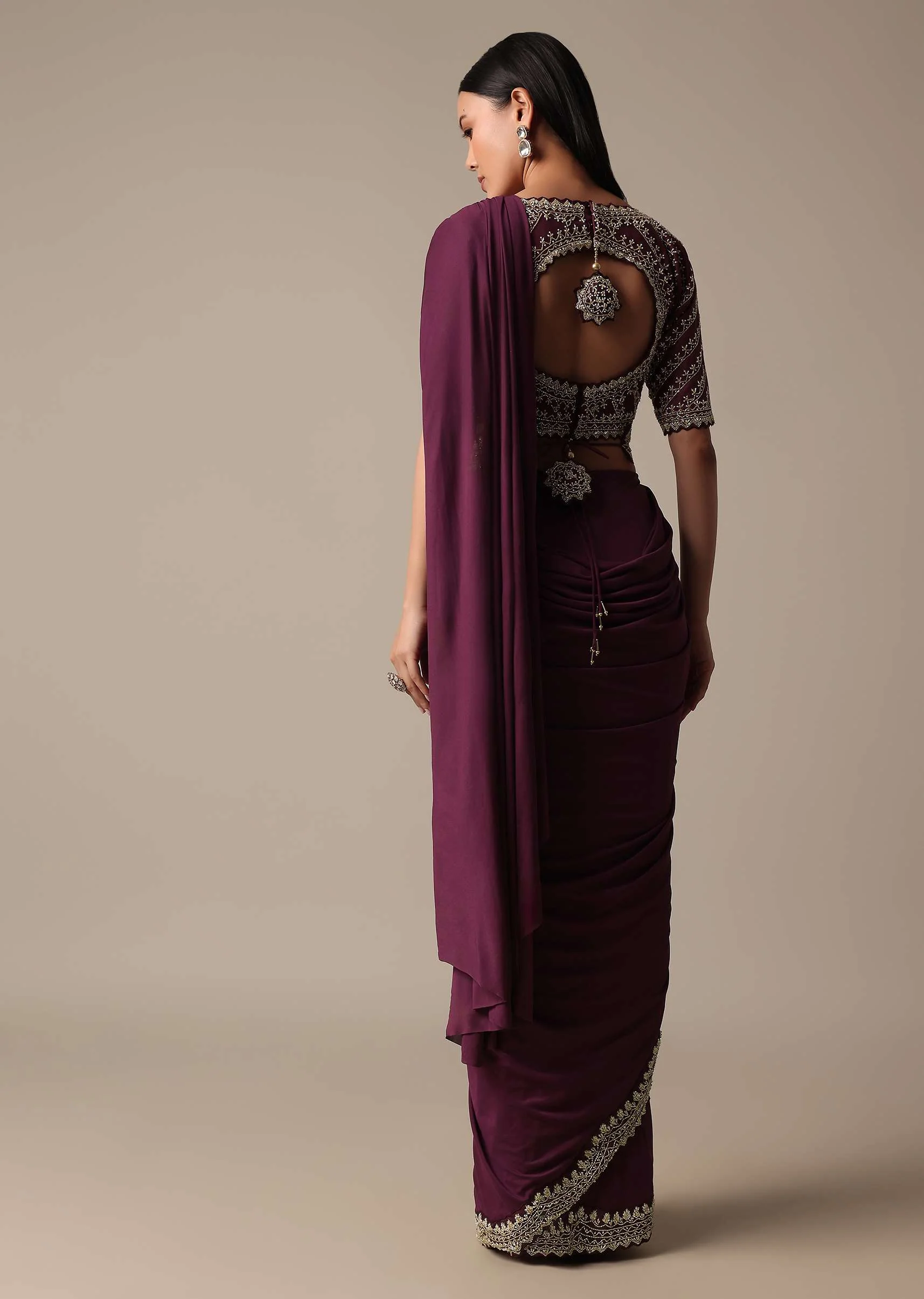 Wine Readymade Saree With Embellished Blouse - Image 5