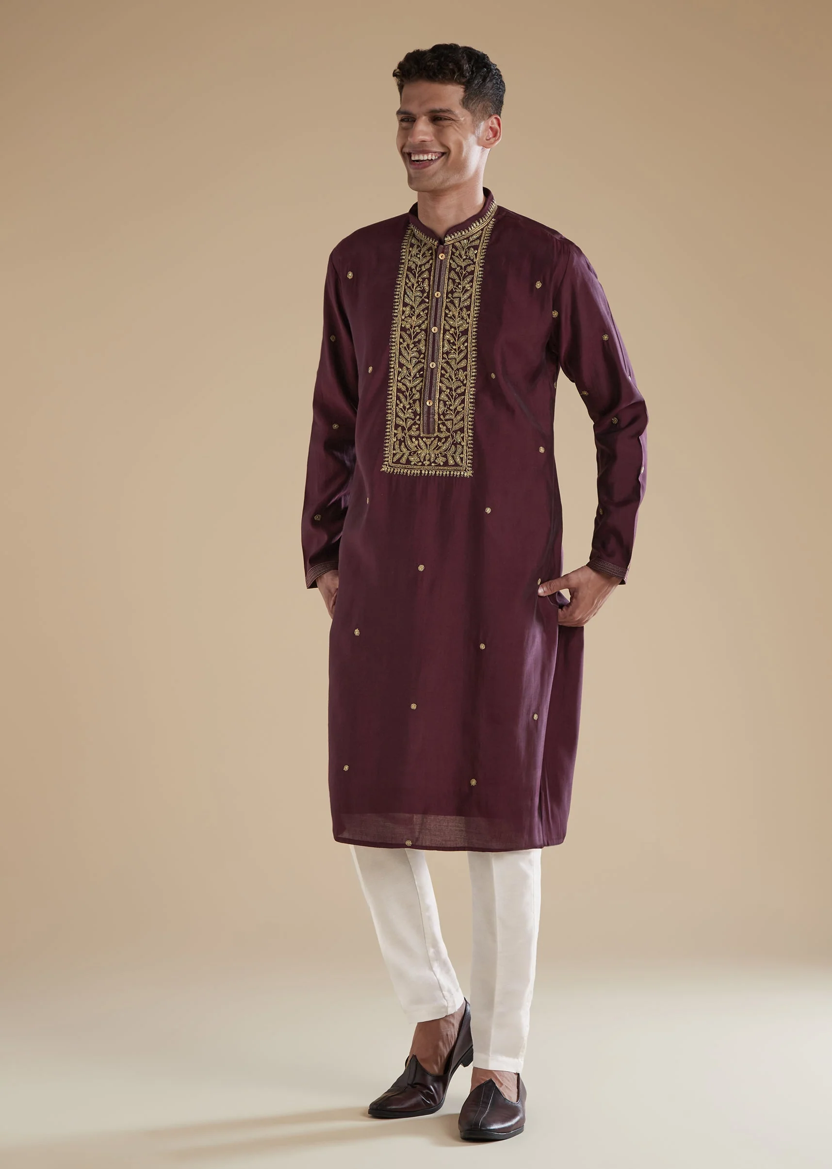 Wine Red Silk Kurta Set With Thread Resham Work - Image 2