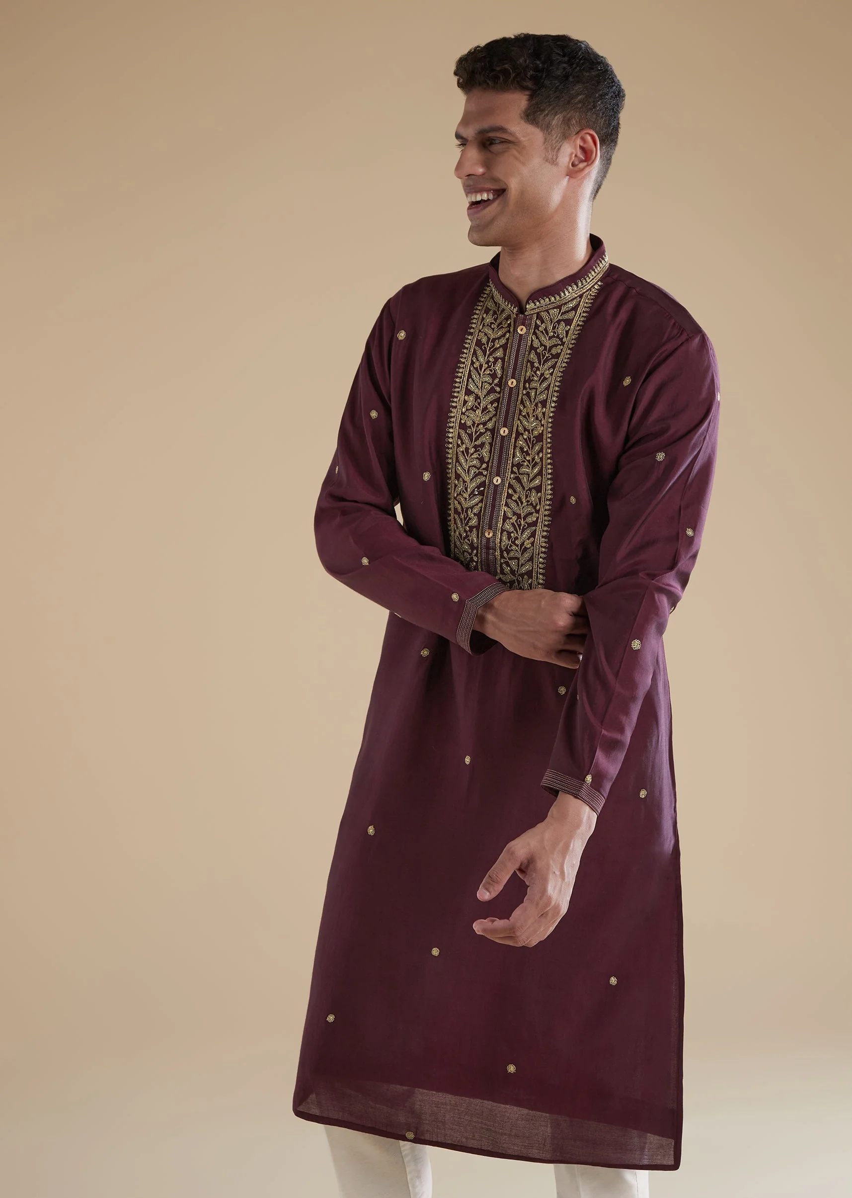 Wine Red Silk Kurta Set With Thread Resham Work - Image 3