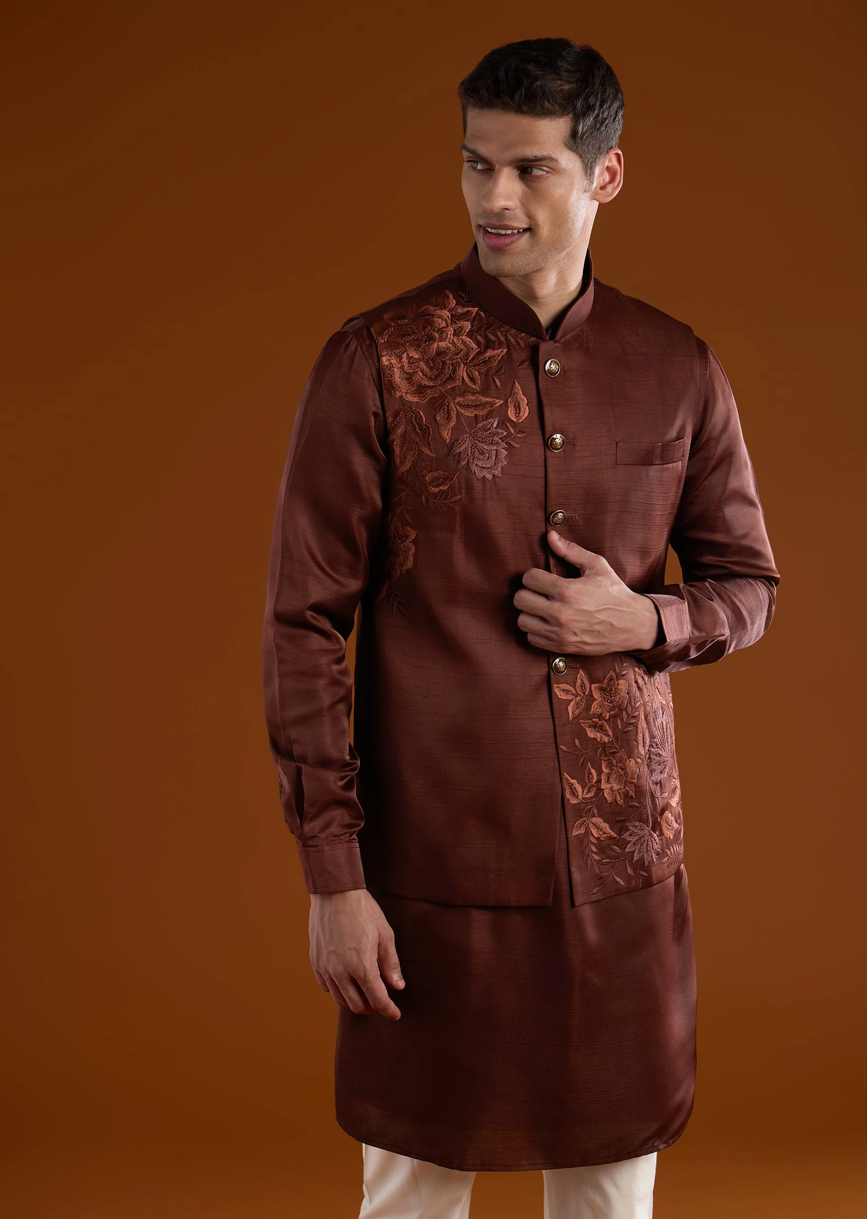 Wine Red Silk Mens Kurta Jacket Set With Thread And French Knot Work - Image 3