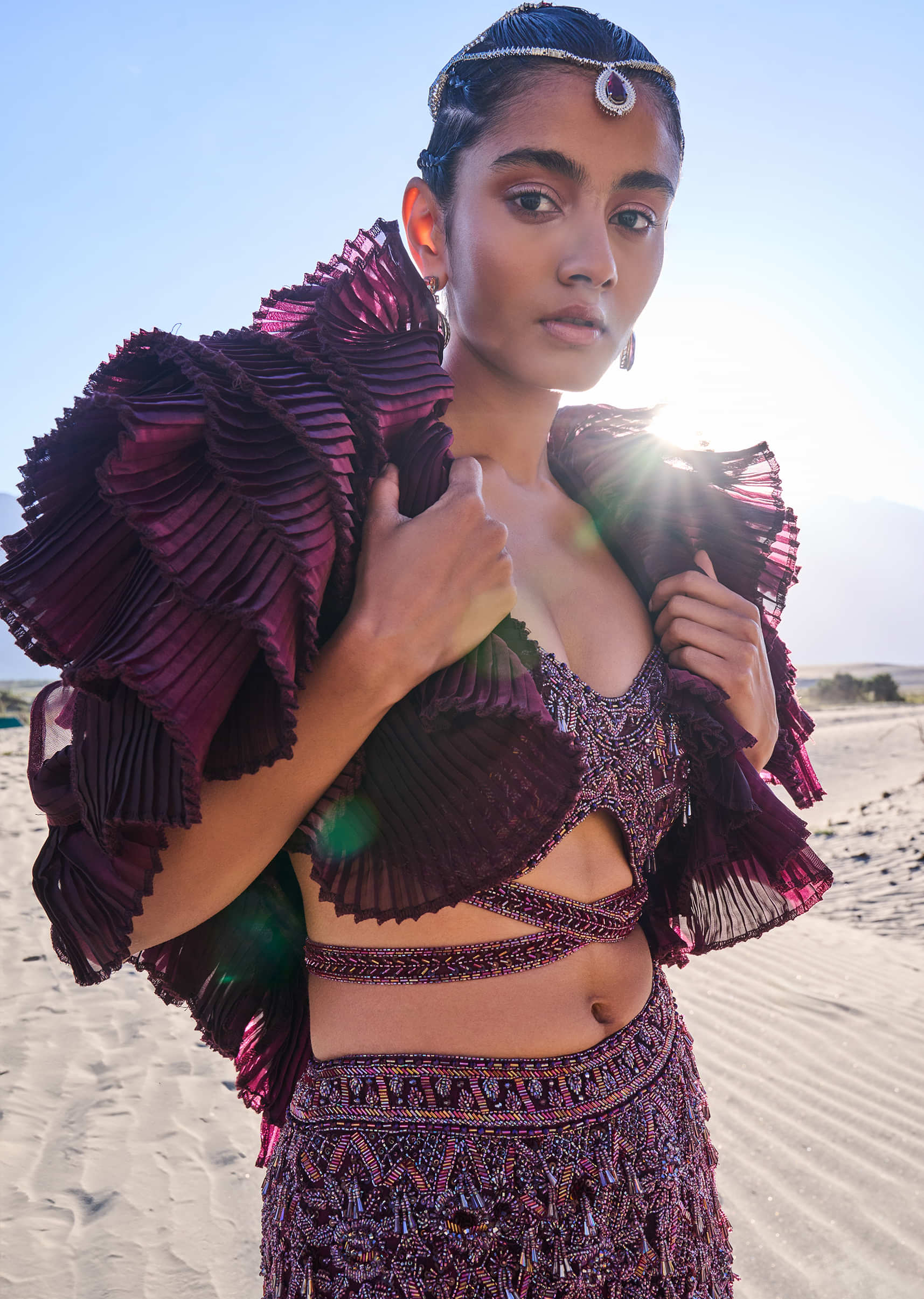 Wine Ruffle Embroidered Fish Cut Lehenga With Long Trail And Jacket - Image 2