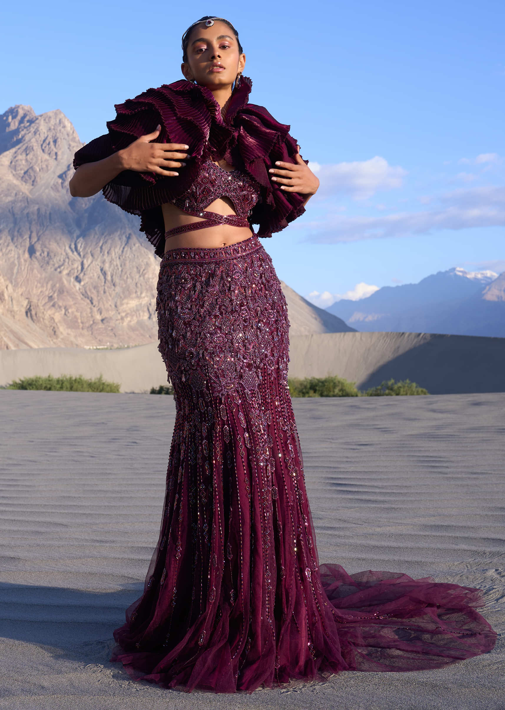 Wine Ruffle Embroidered Fish Cut Lehenga With Long Trail And Jacket - Image 3