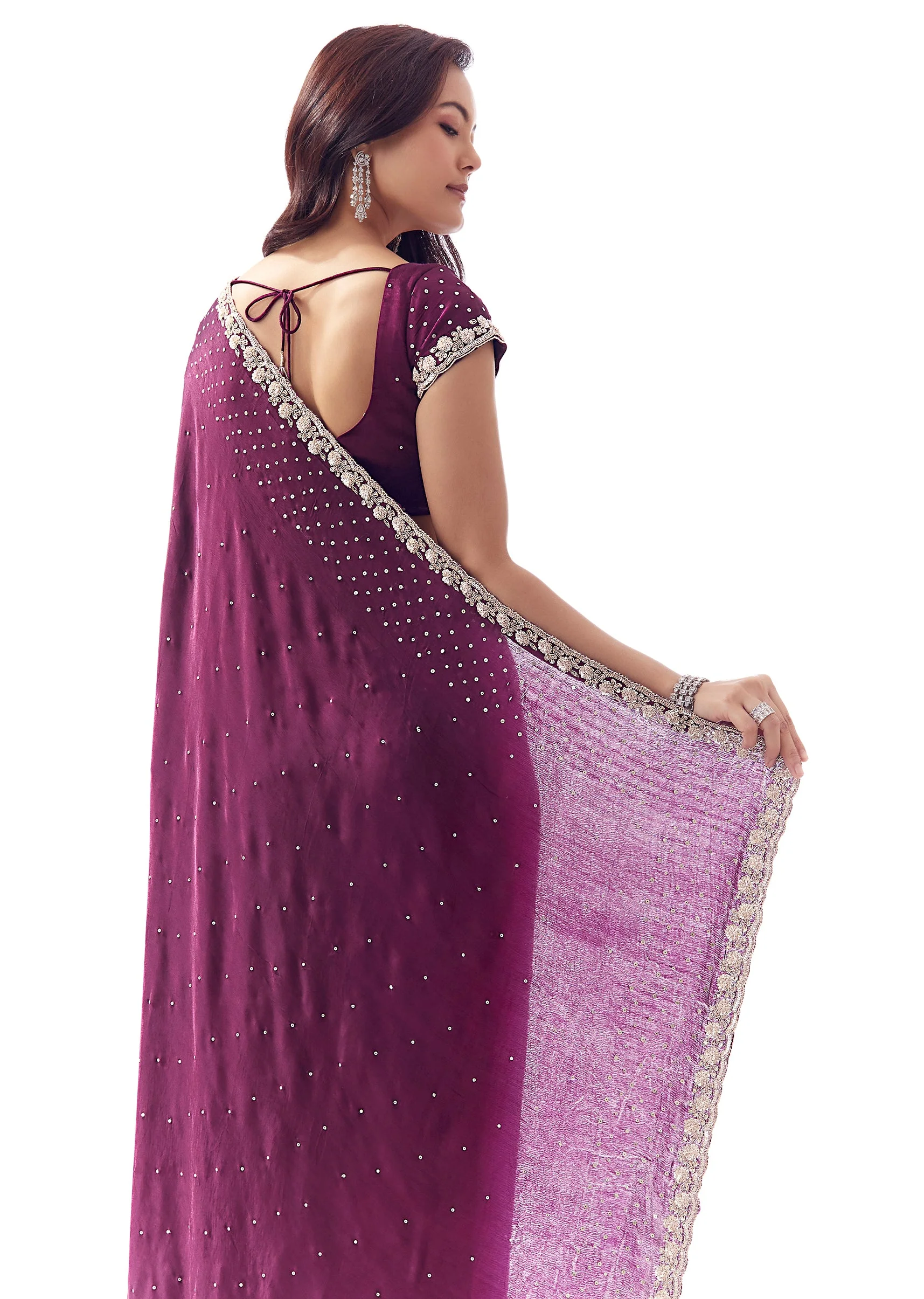 Wine Satin Chinon Saree With All Over Sequin Embellishment - Image 6