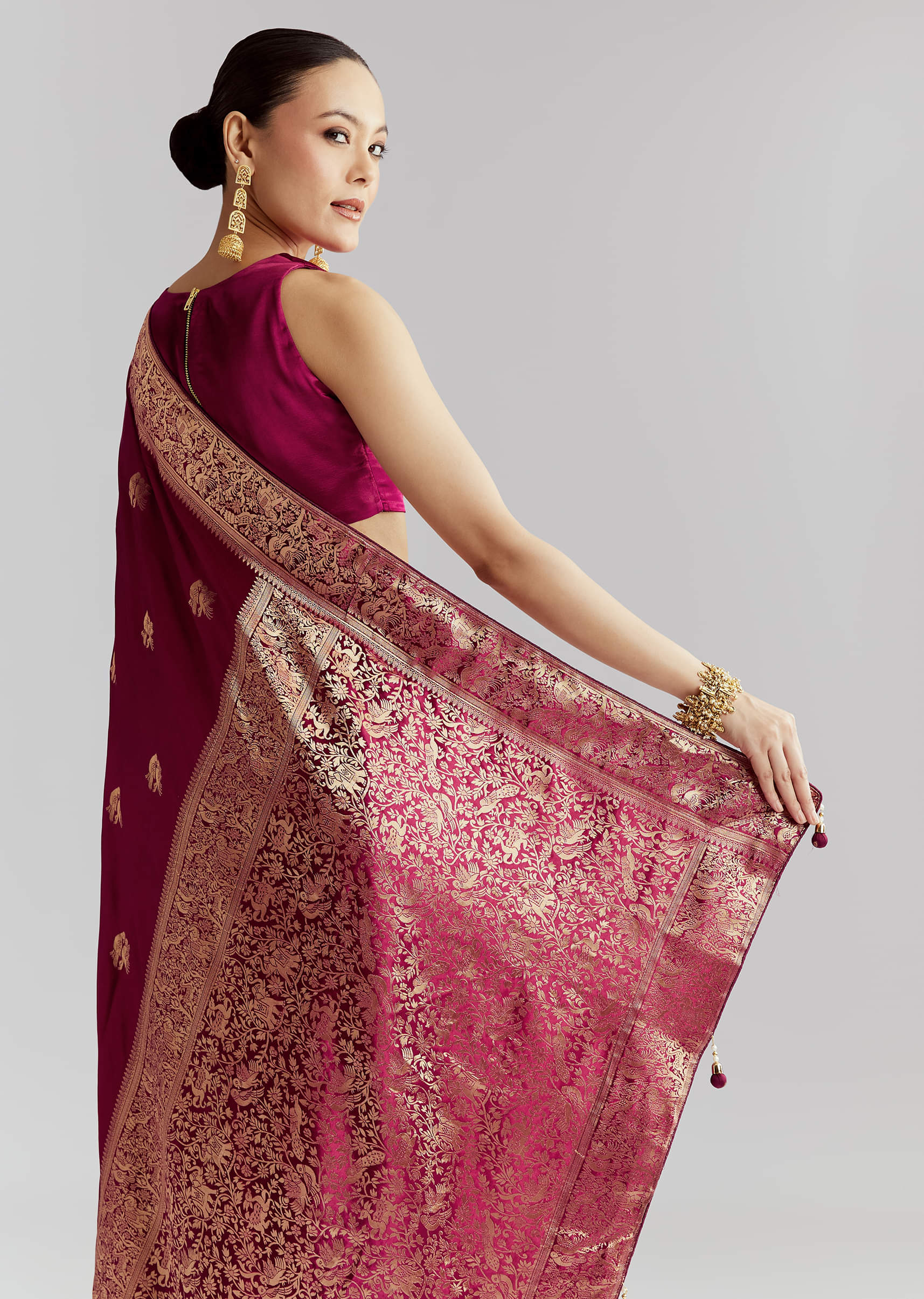 Wine Satin Silk Woven Saree With Heavy Zari Embroidery - Image 6