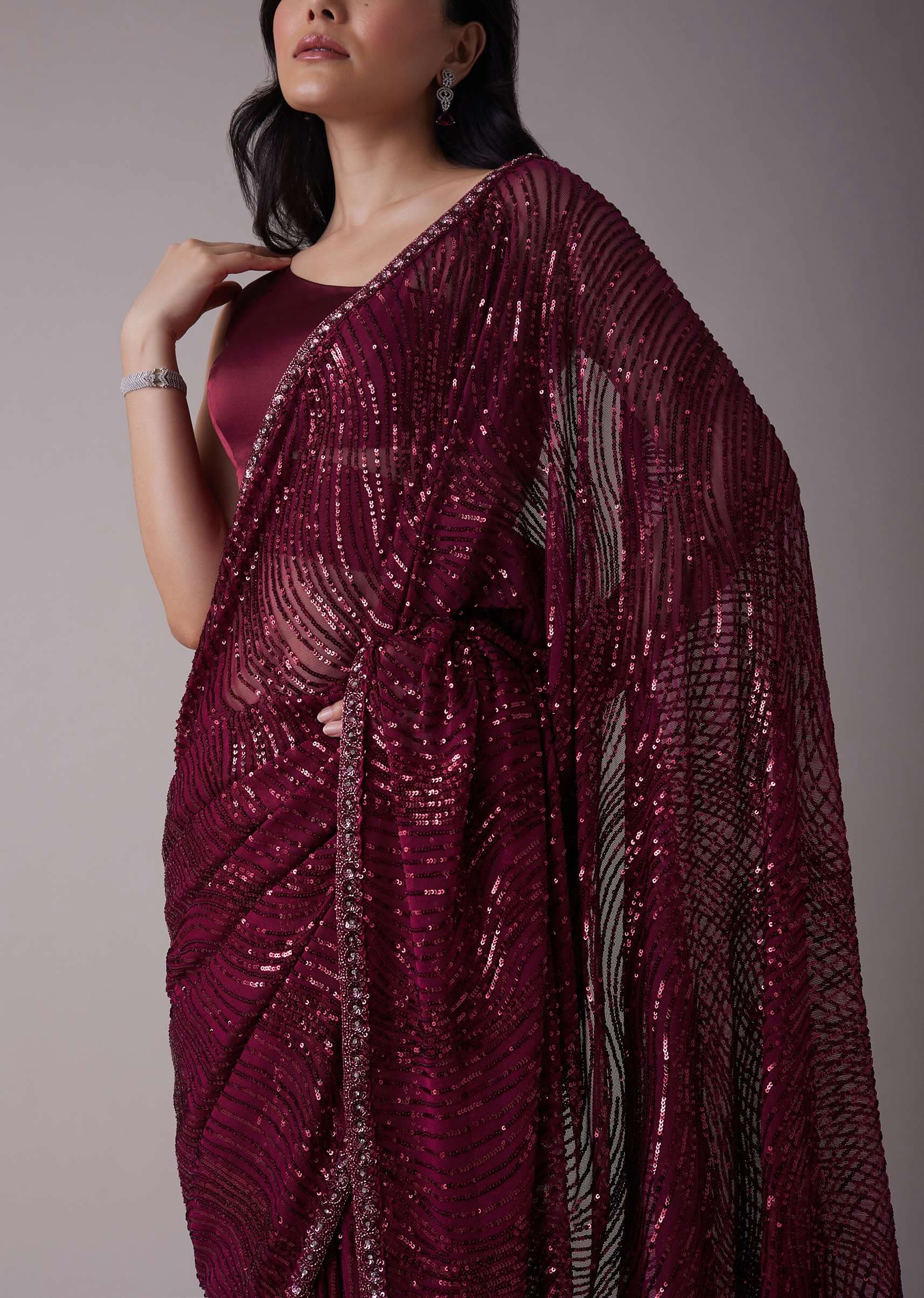 Wine Sequins Saree With An Embellished Border - Image 2