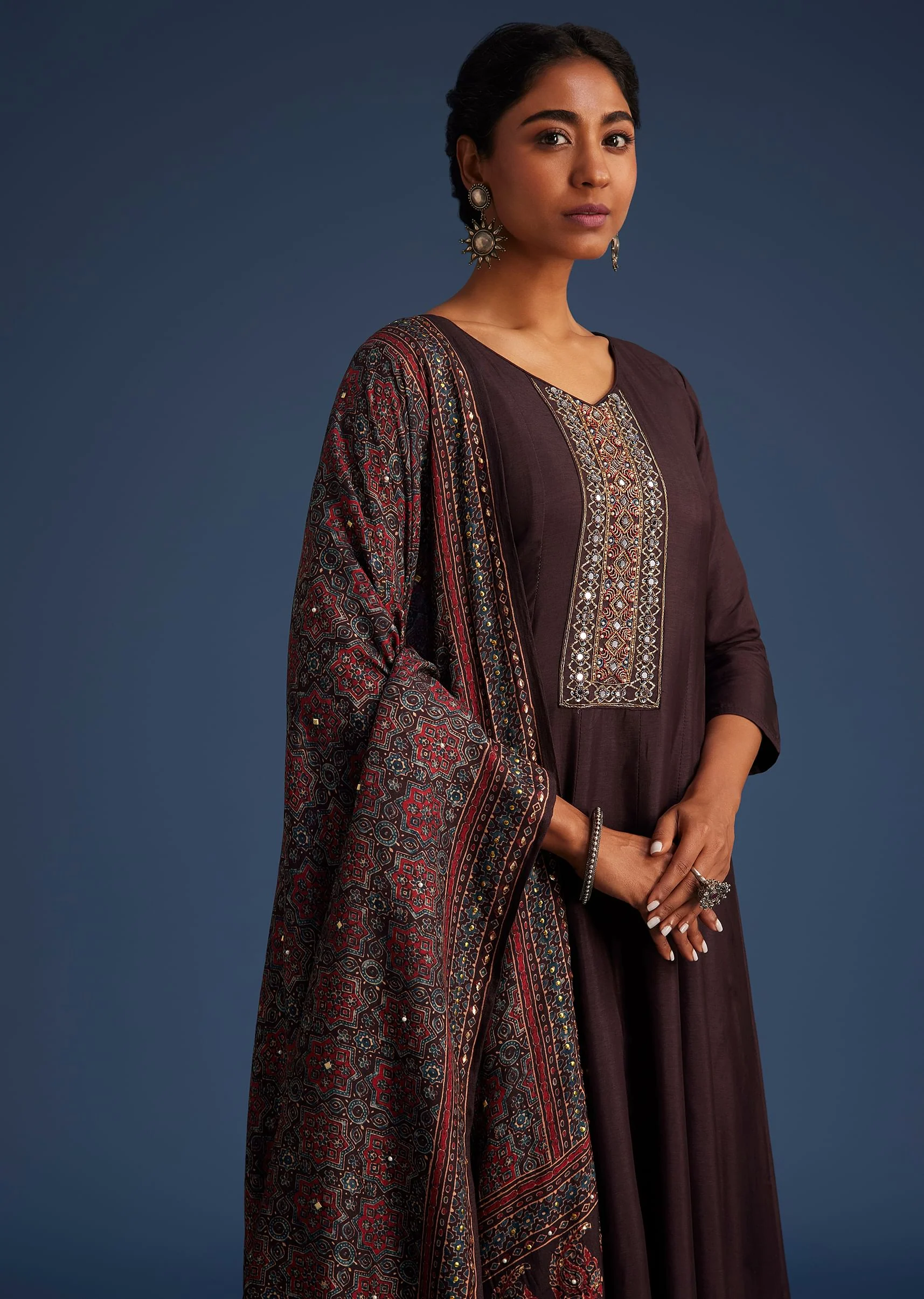 Wine Silk Anarkali Set With Ajrakh Print Dupatta - Image 4