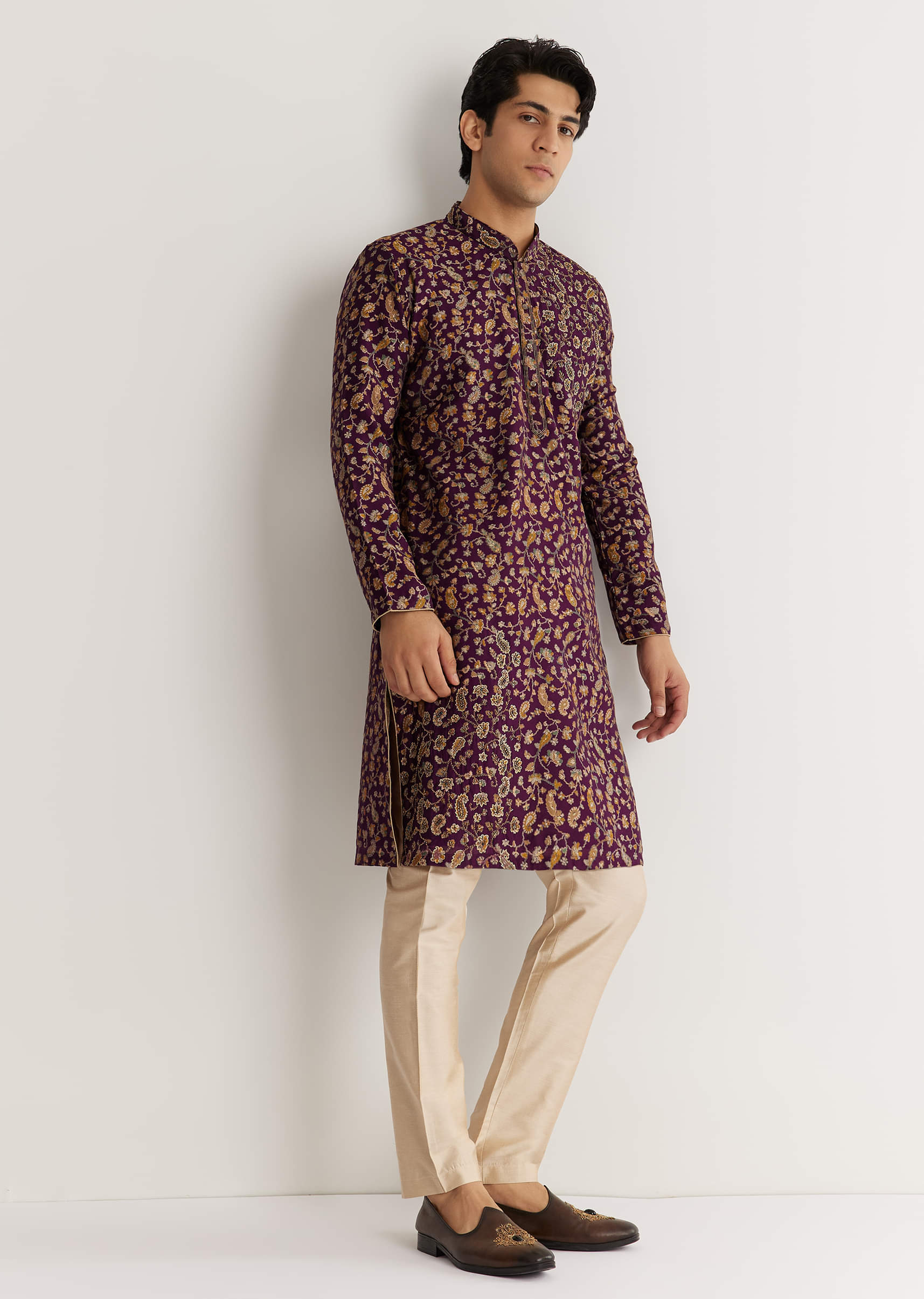 Wine Silk Floral Printed Kurta Set With Cutdana Work - Image 2