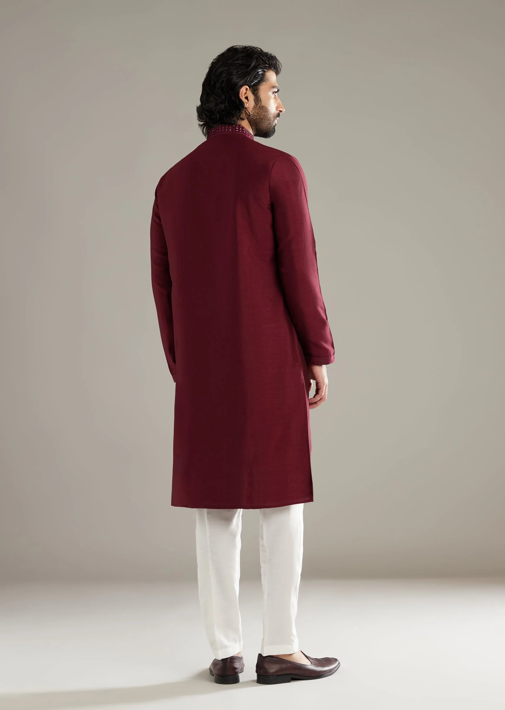 Wine Silk Kurta Set For Men With Mirror Work - Image 5
