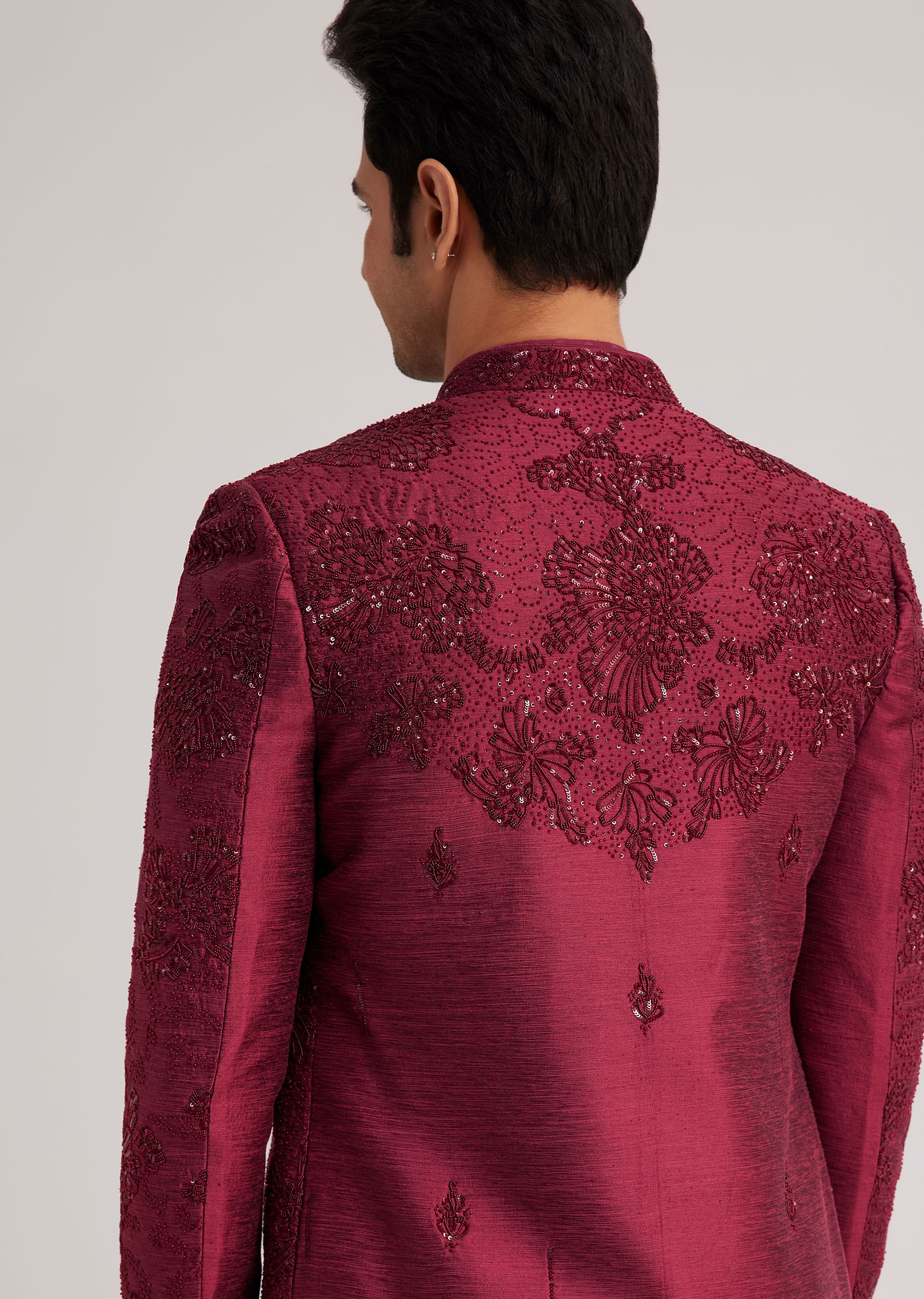 Wine Silk Open Sherwani Set With Zardosi Stone And Beads Work - Image 5