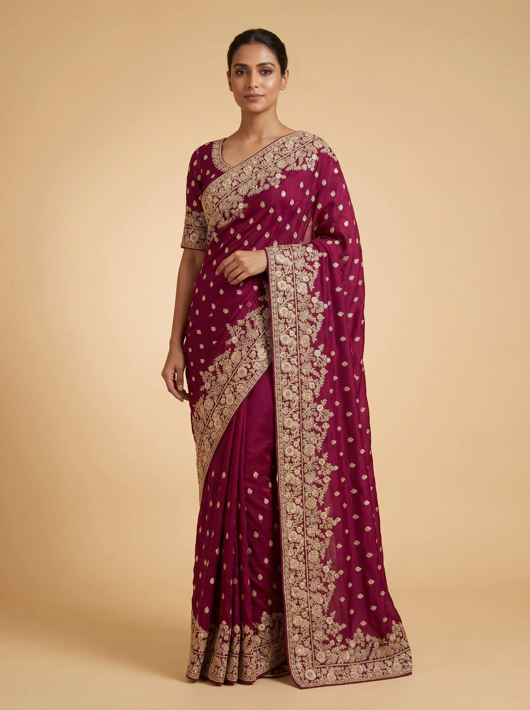 Wine Smooth Detail Embroidered Saree