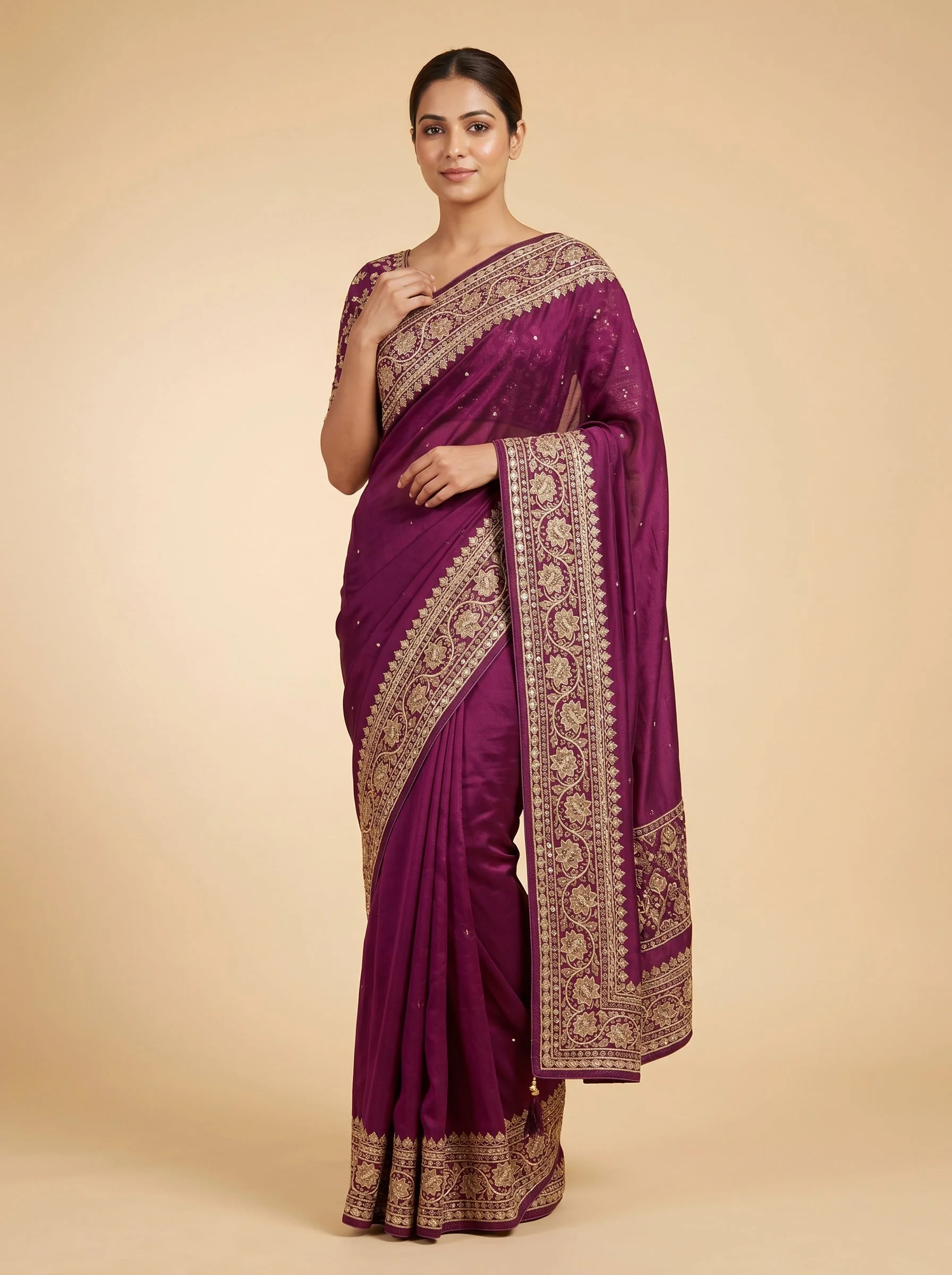 Wine Smooth Embroidered Saree