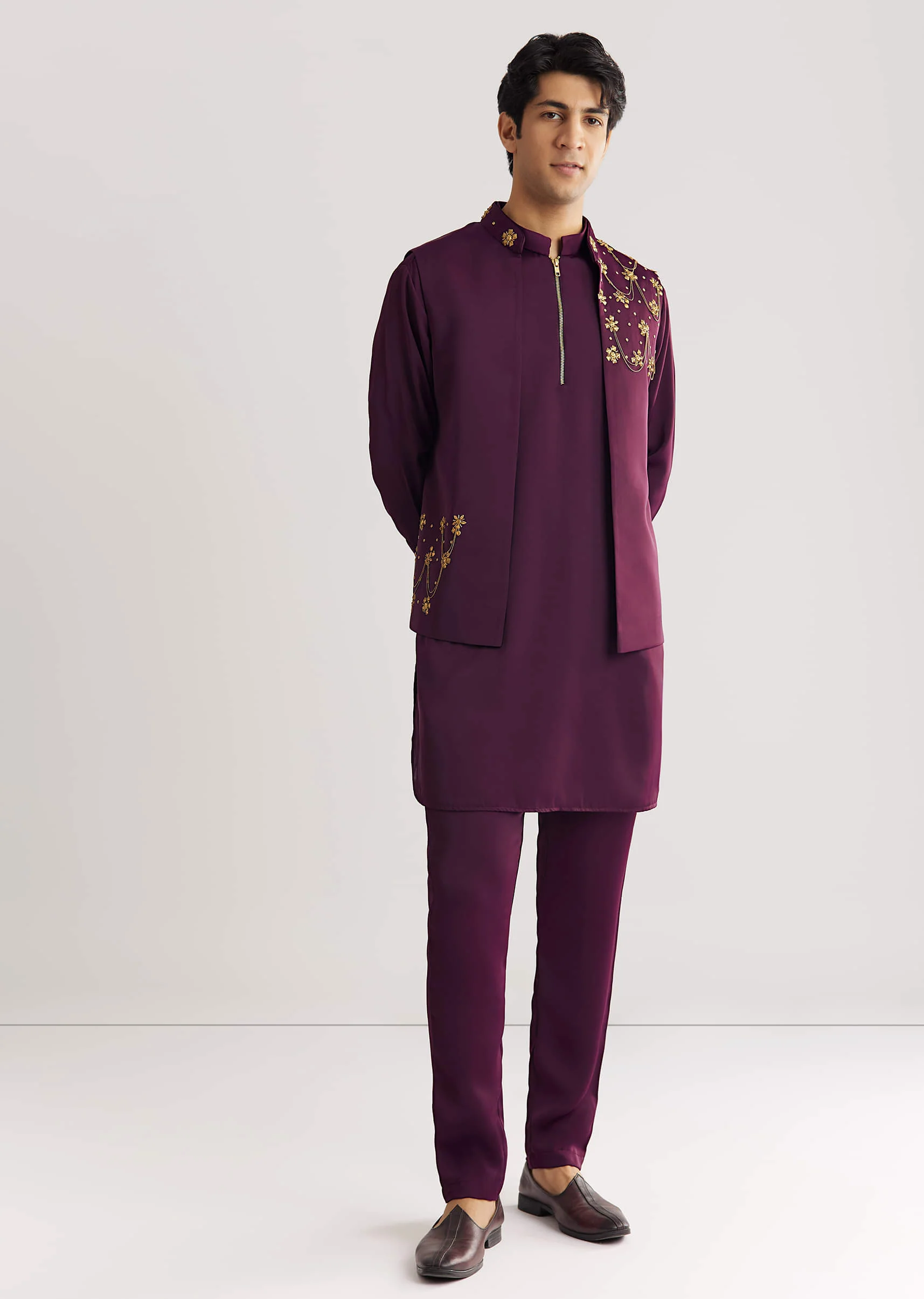 Wine Suiting Jacket Kurta Set With Metal Accents - Image 5