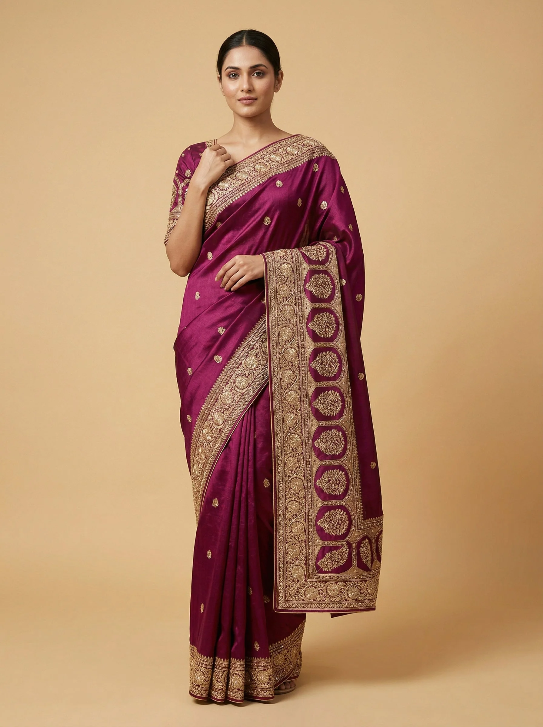Wine Tailored Embroidered Saree