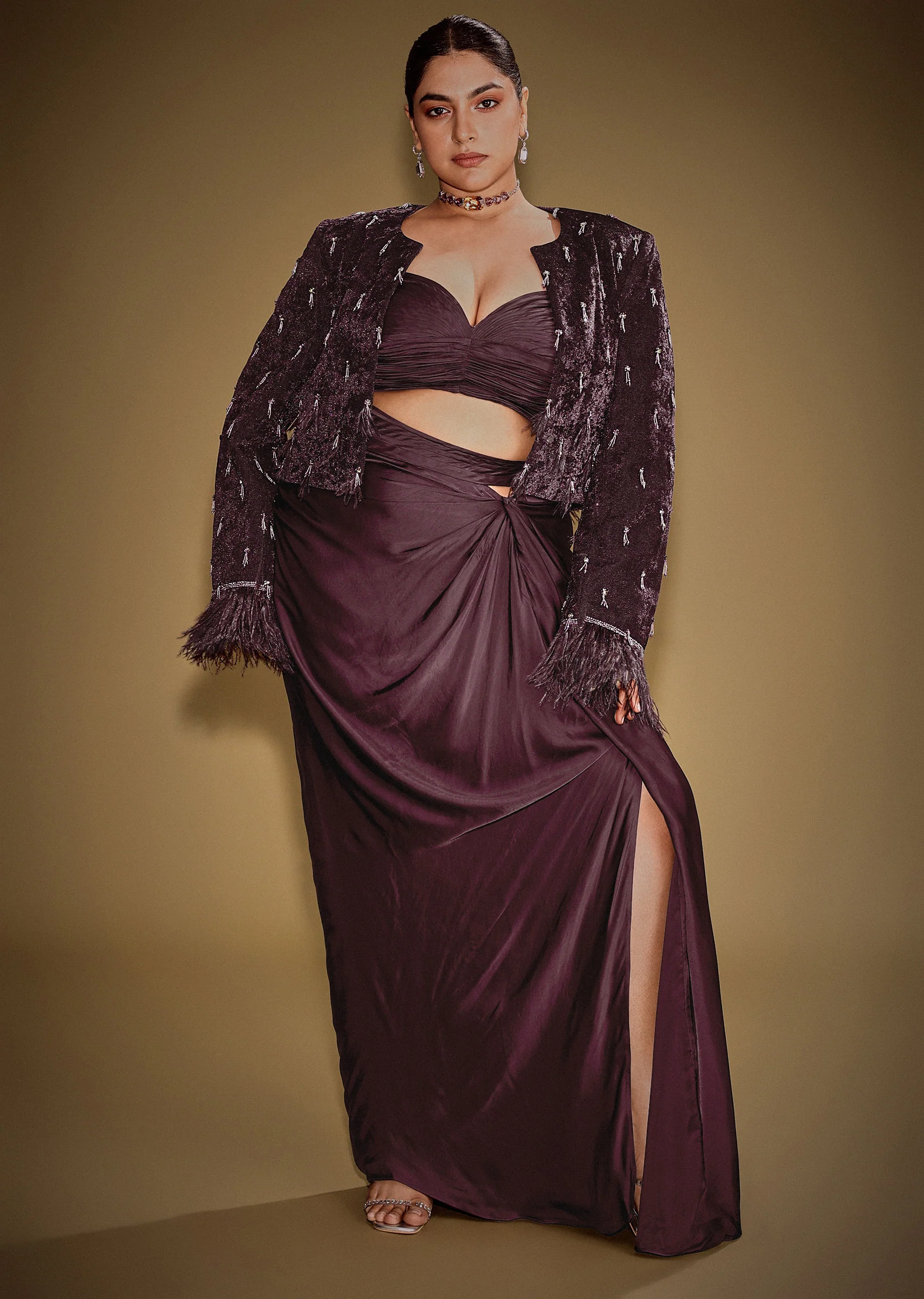 Wine Tassel Embroidered Blazer Set With Bustier And Drape Skirt - Image 3